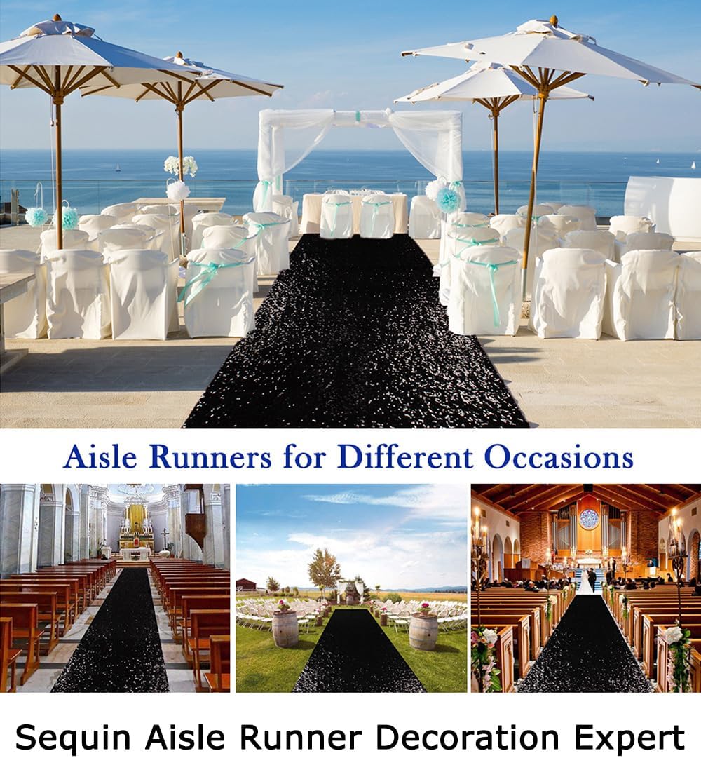 ShinyBeauty Sparkling Sequin Aisle Runner 4FTx20FT Black Glitter Wedding Carpet