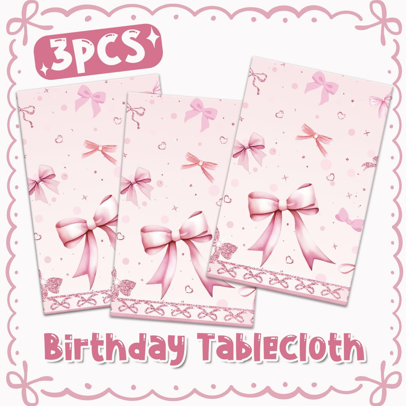 PATIAI Pink Bow Birthday Tablecloths 3Pcs Disposable Plastic Rectangular 54x108 Inches