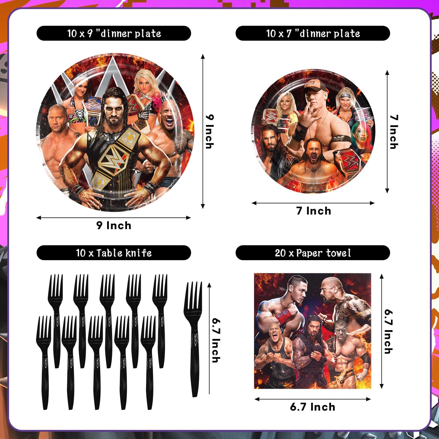 Wrestling Themed Party Tableware Set with Tablecloth Plates Forks and Napkins