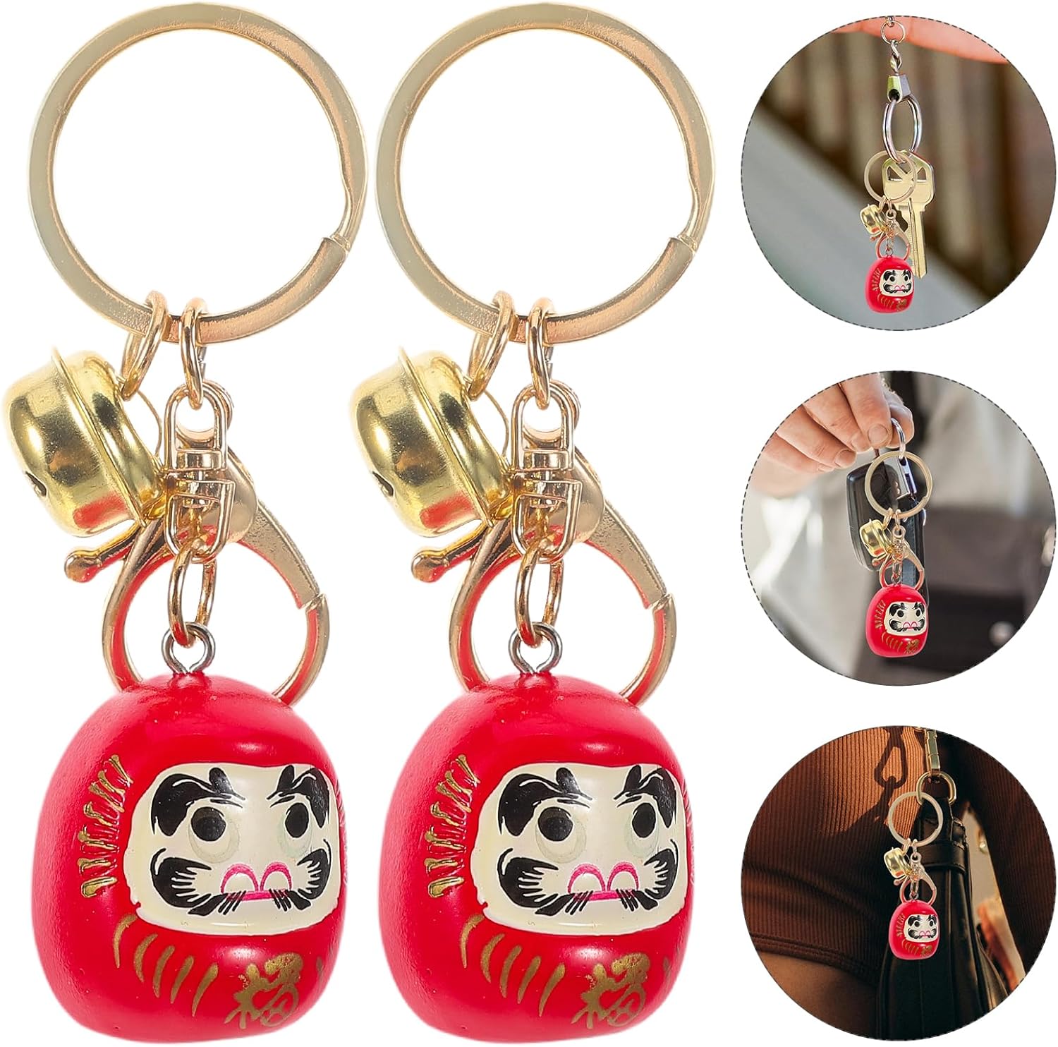 LOGOFUN 4PCS Japanese Daruma Keychain with Bell Good Luck Charm - Red