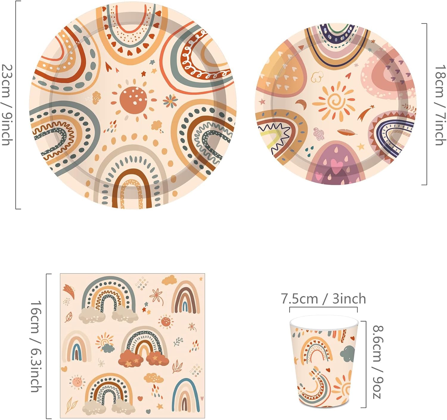 Fanquare Boho Rainbow Party Dinnerware Set for 16 Guests