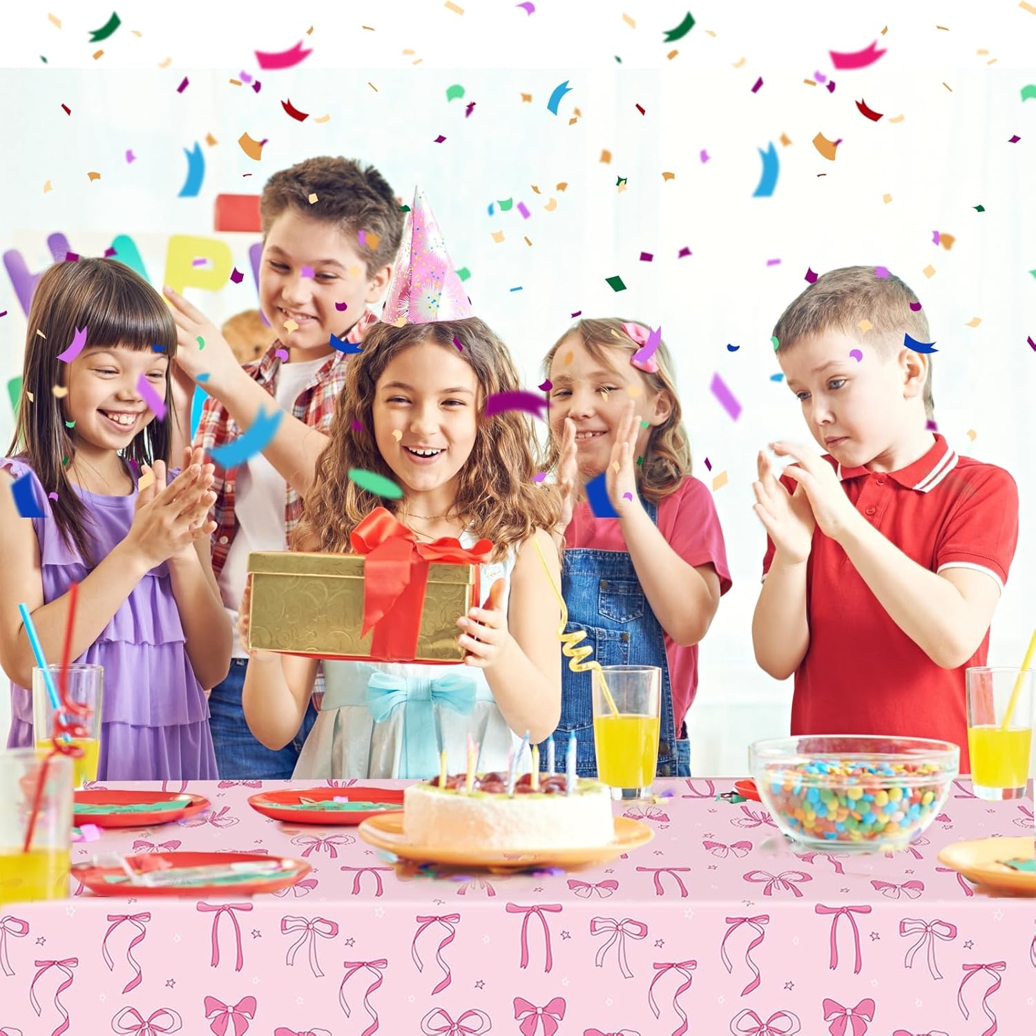 4Pcs Pink Bow Birthday Tablecloths 108x54 Inches