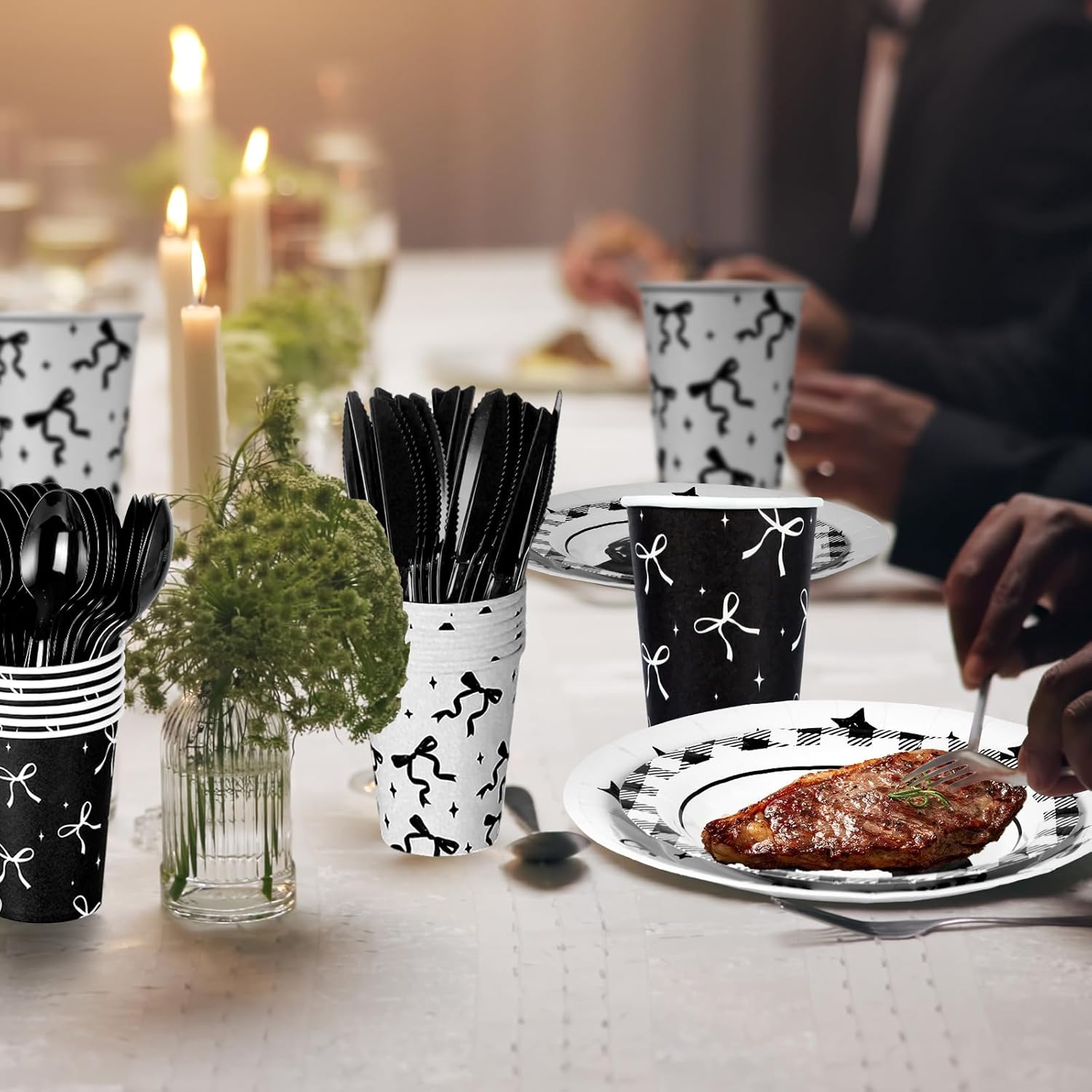 Ouvibor 168 Pcs Black Bow Party Tableware Set for 24 Guests