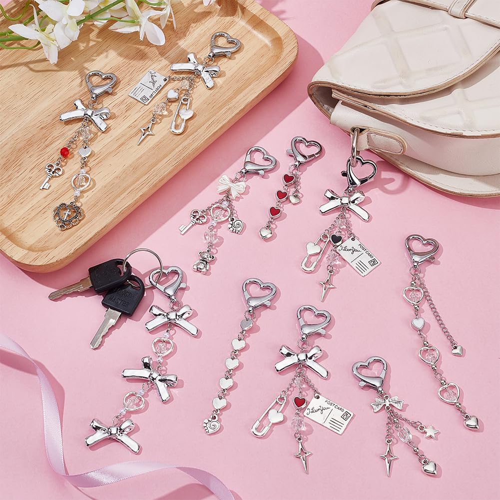 PH PandaHall 10pcs Heart Keychains with Bow Charms