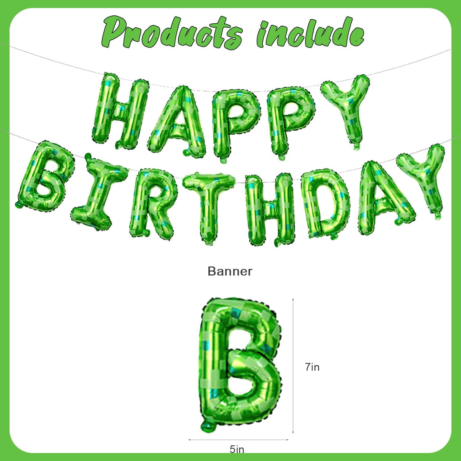 Green Pixel Birthday Decorations Set for 7th Birthday