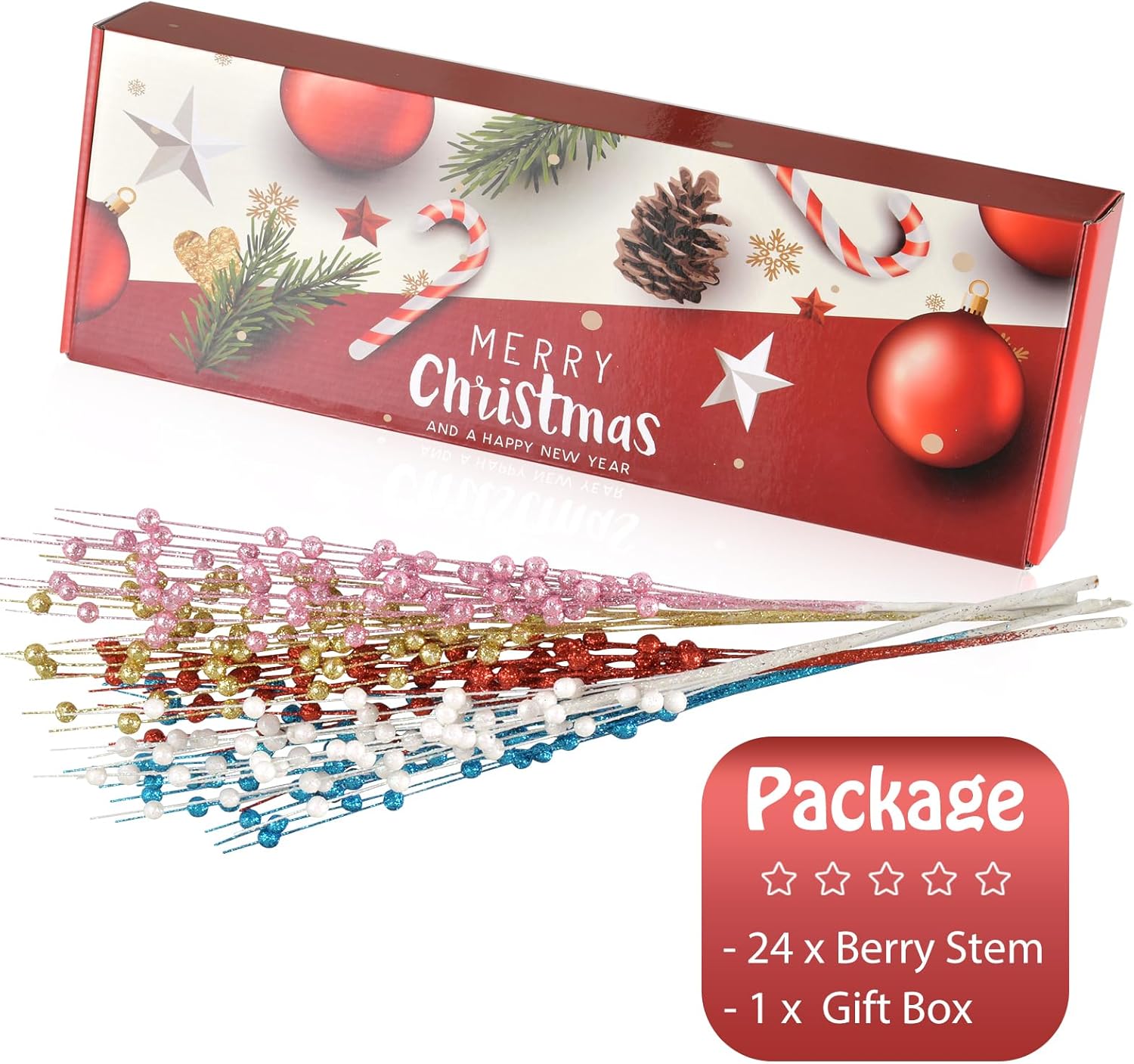 Christmas Glitter Berry Stem Decorations 24 PCS