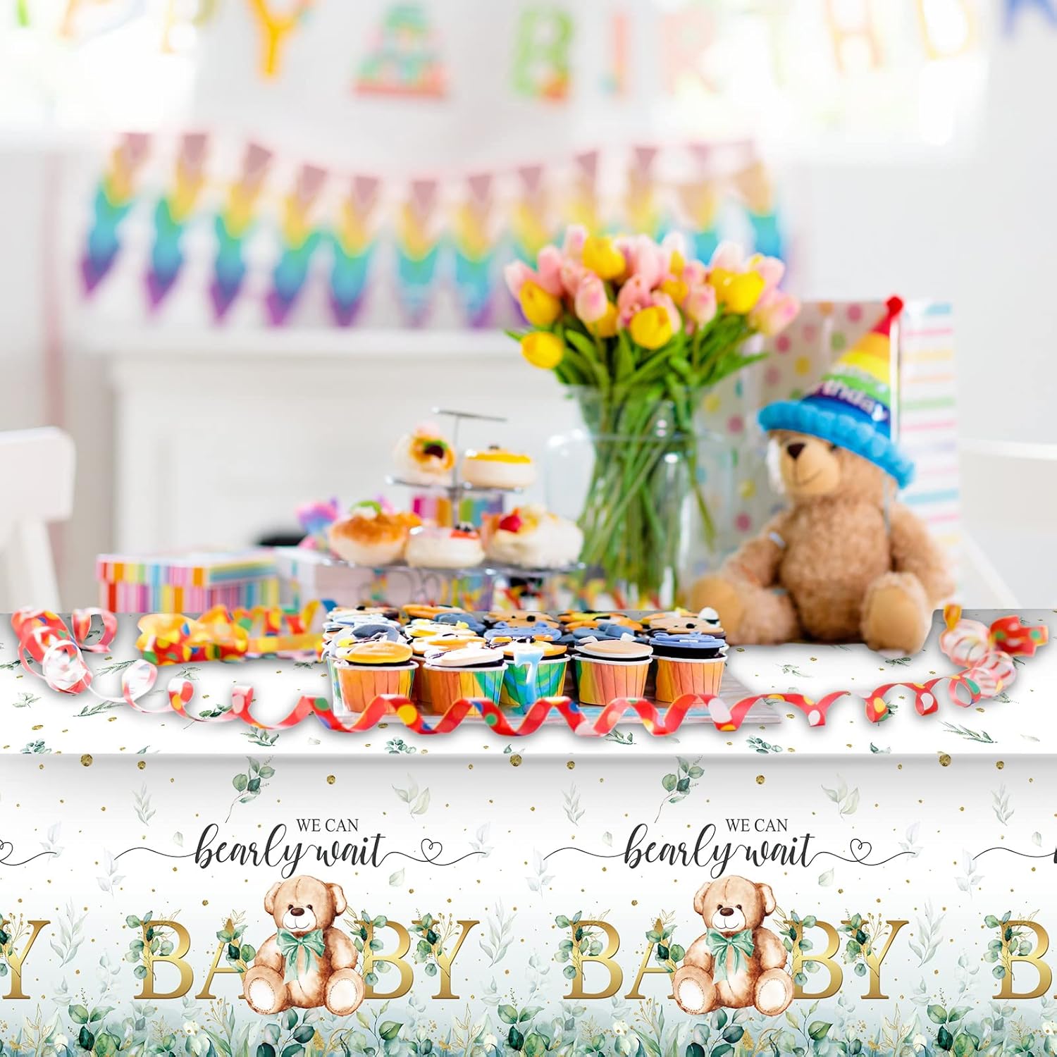 Tegeme Bear Baby Shower Tablecloth 54x108 Inch 3 Pack Green