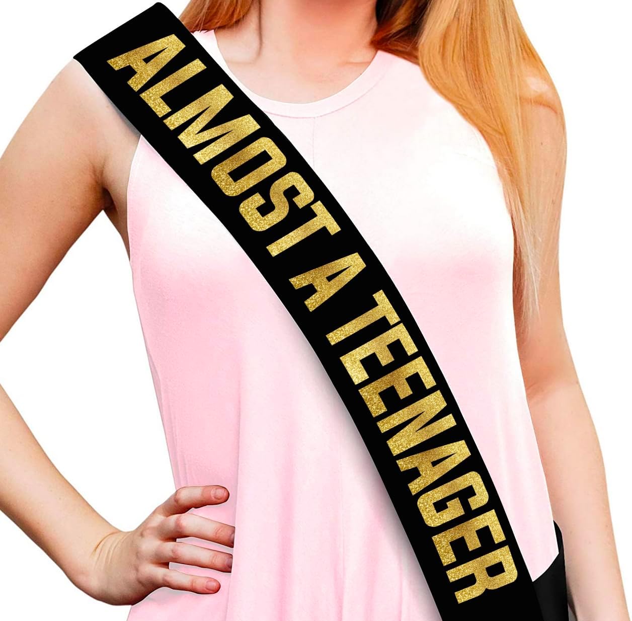 Almost a Teenager Black and Gold Glitter Sash