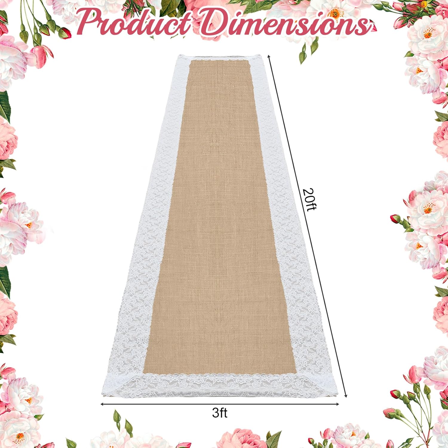 Natural Burlap Wedding Aisle Runner 3FTx20FT with Lace Trim