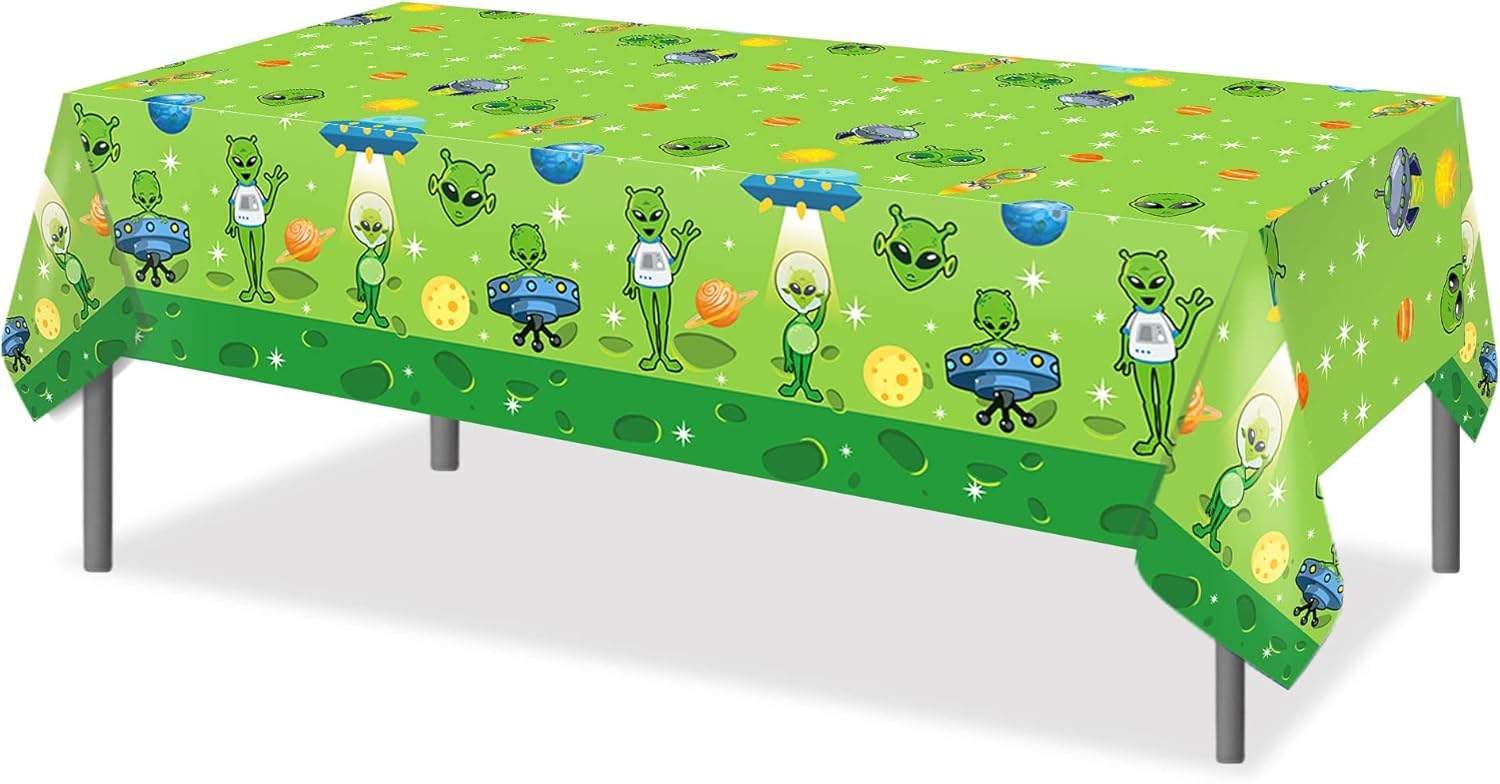 Green Alien Party Tablecloth with UFO Theme