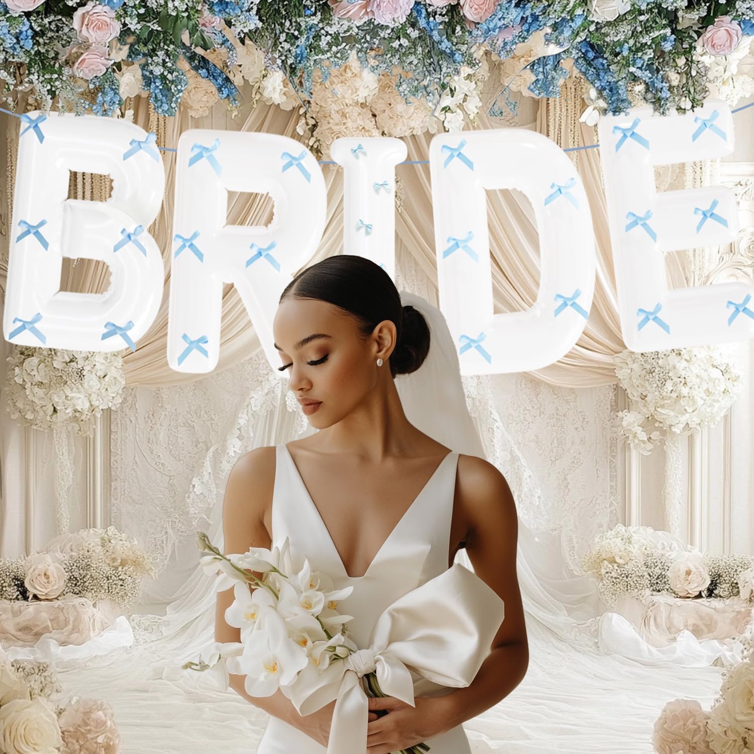 BRIDE Letter Balloons Blue Bows Set 40 Inch