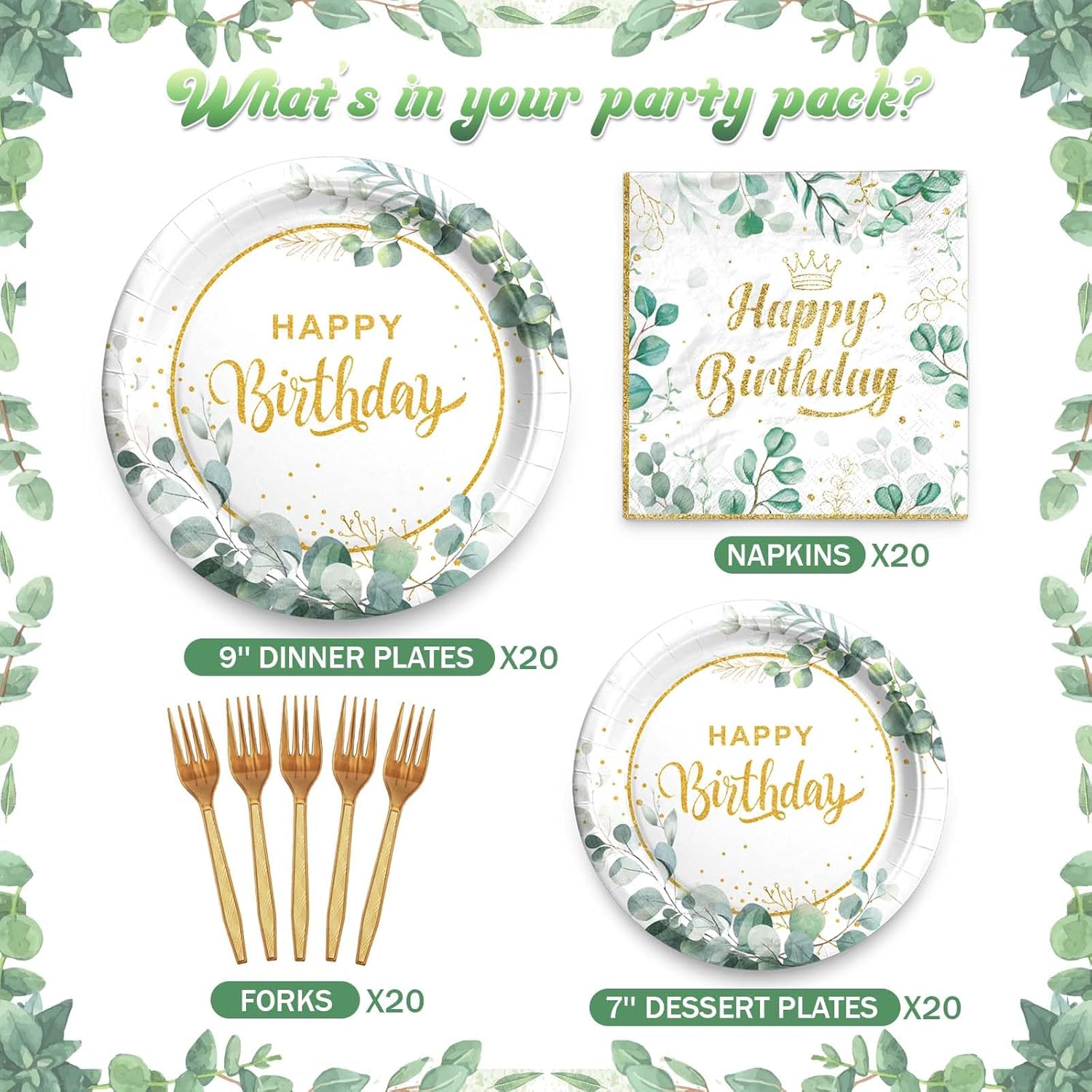 Sage Green Birthday Tableware Set with Plates Napkins Forks