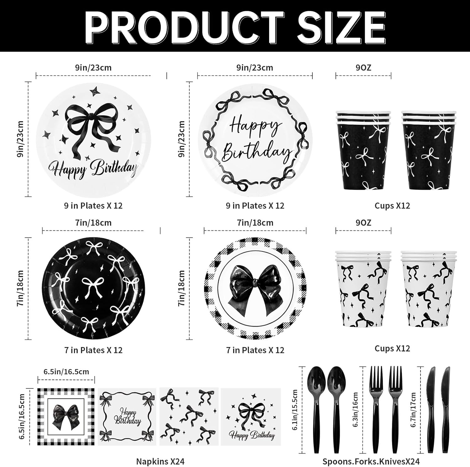 Ouvibor 168 Pcs Black Bow Party Tableware Set for 24 Guests