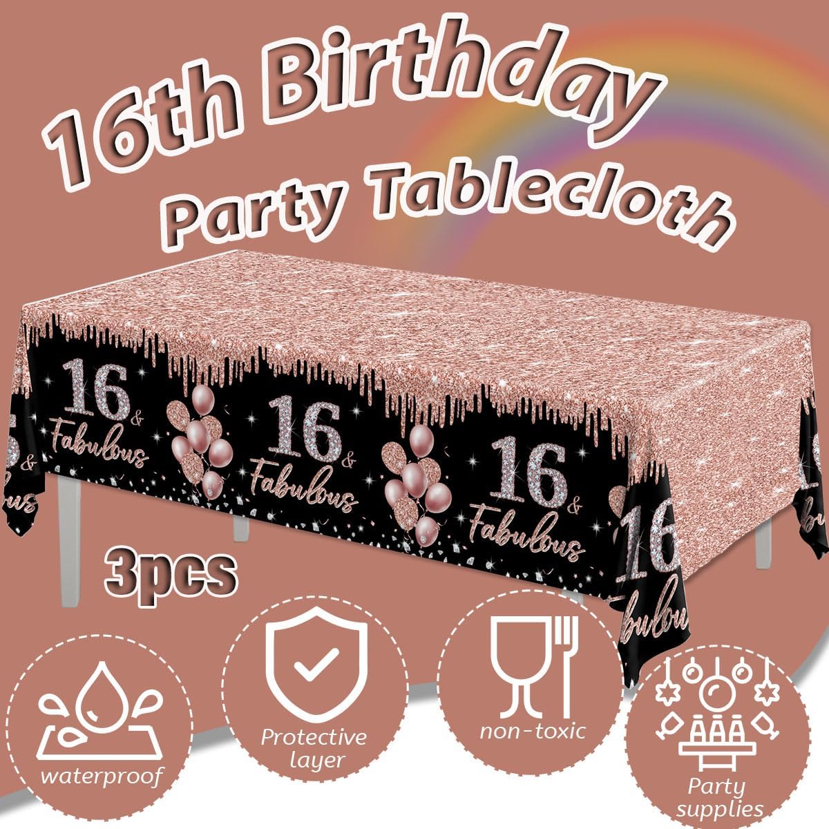16th Birthday Decorations Rose Gold Black Glitter Tablecloths Set 3Pcs