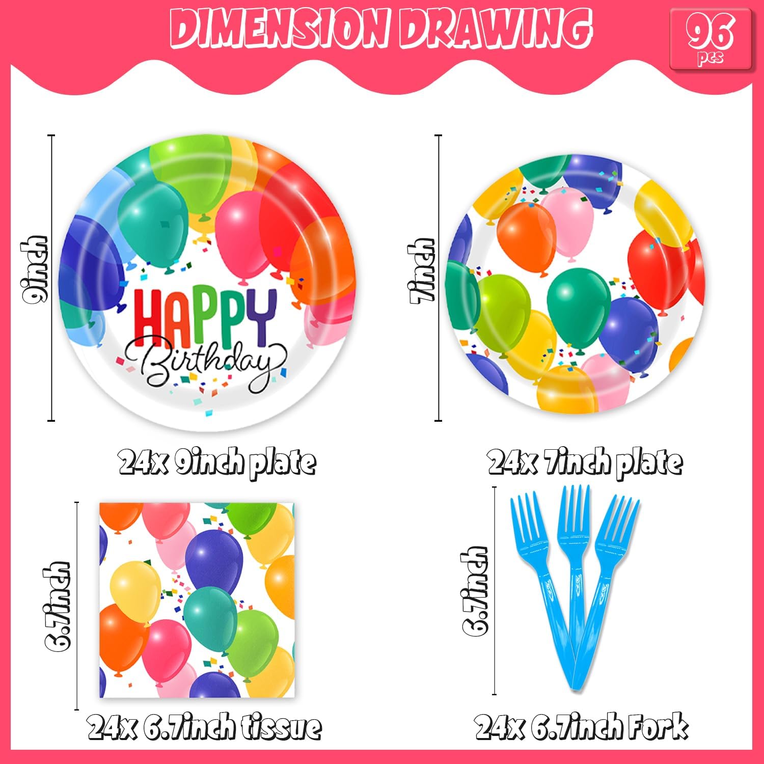 96Pcs Happy Birthday Party Tableware Set with Balloons