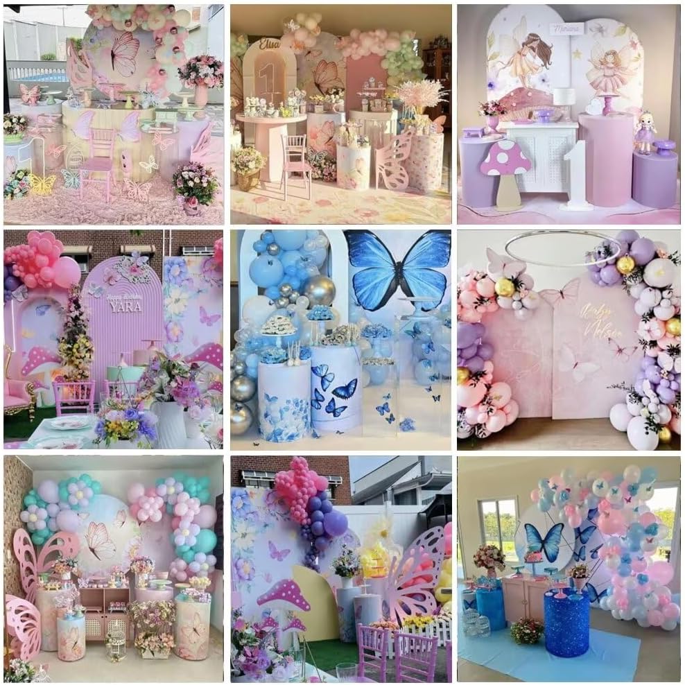 KONPON Butterfly Pink Floral Stretchy Cylinder Table Cover for Birthday Parties