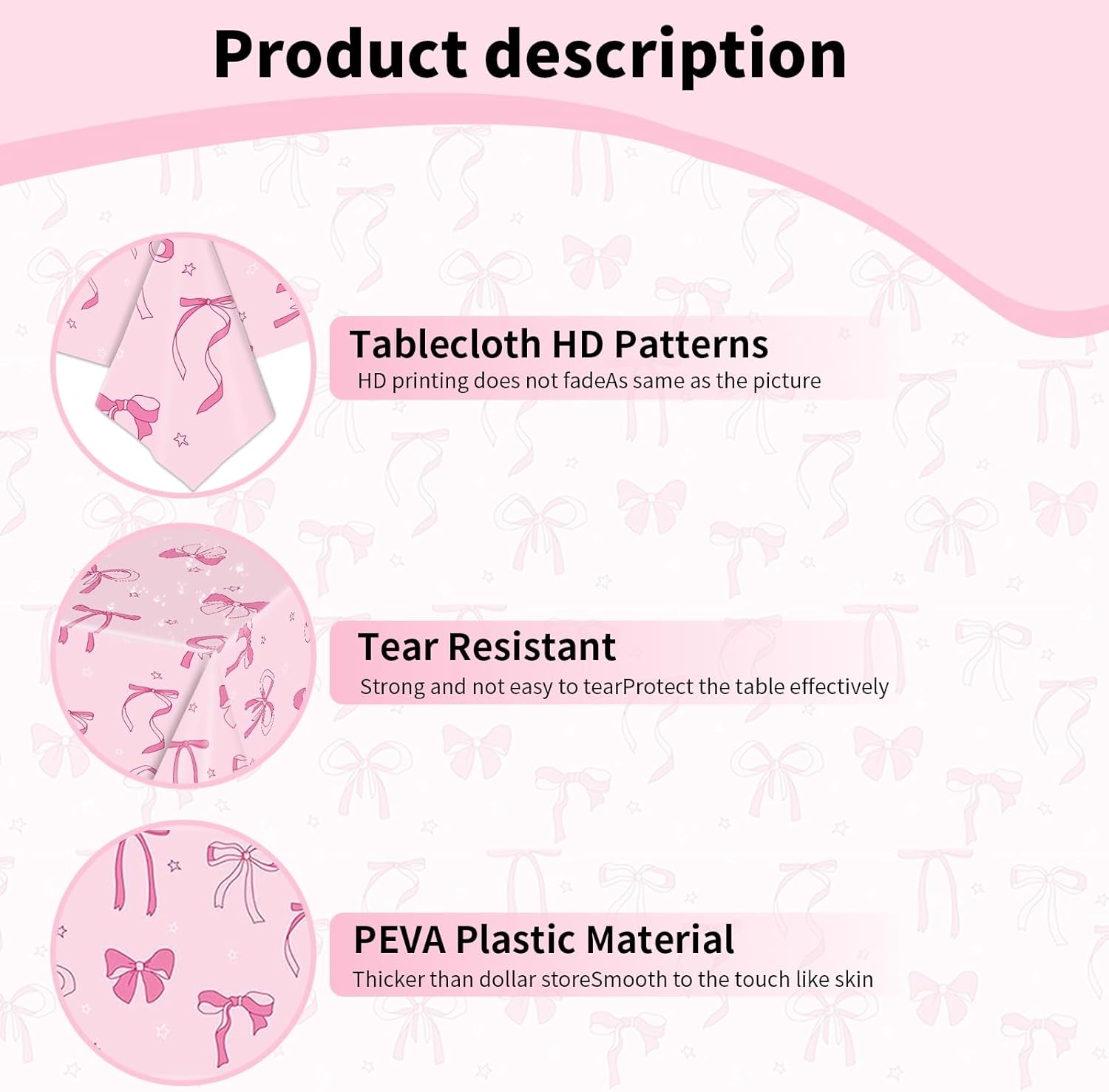 4Pcs Pink Bow Birthday Tablecloths 108x54 Inches