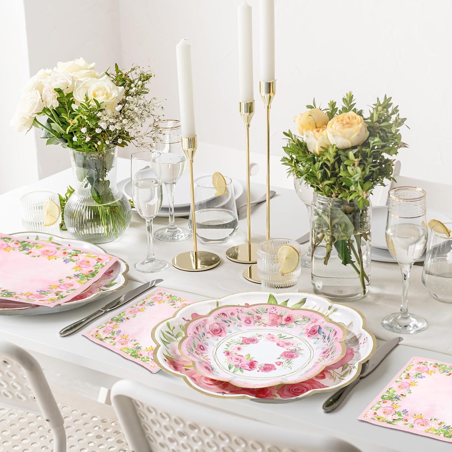 Tanlade 96 Pcs Pink Floral Plates Napkins Set for 24 Guests