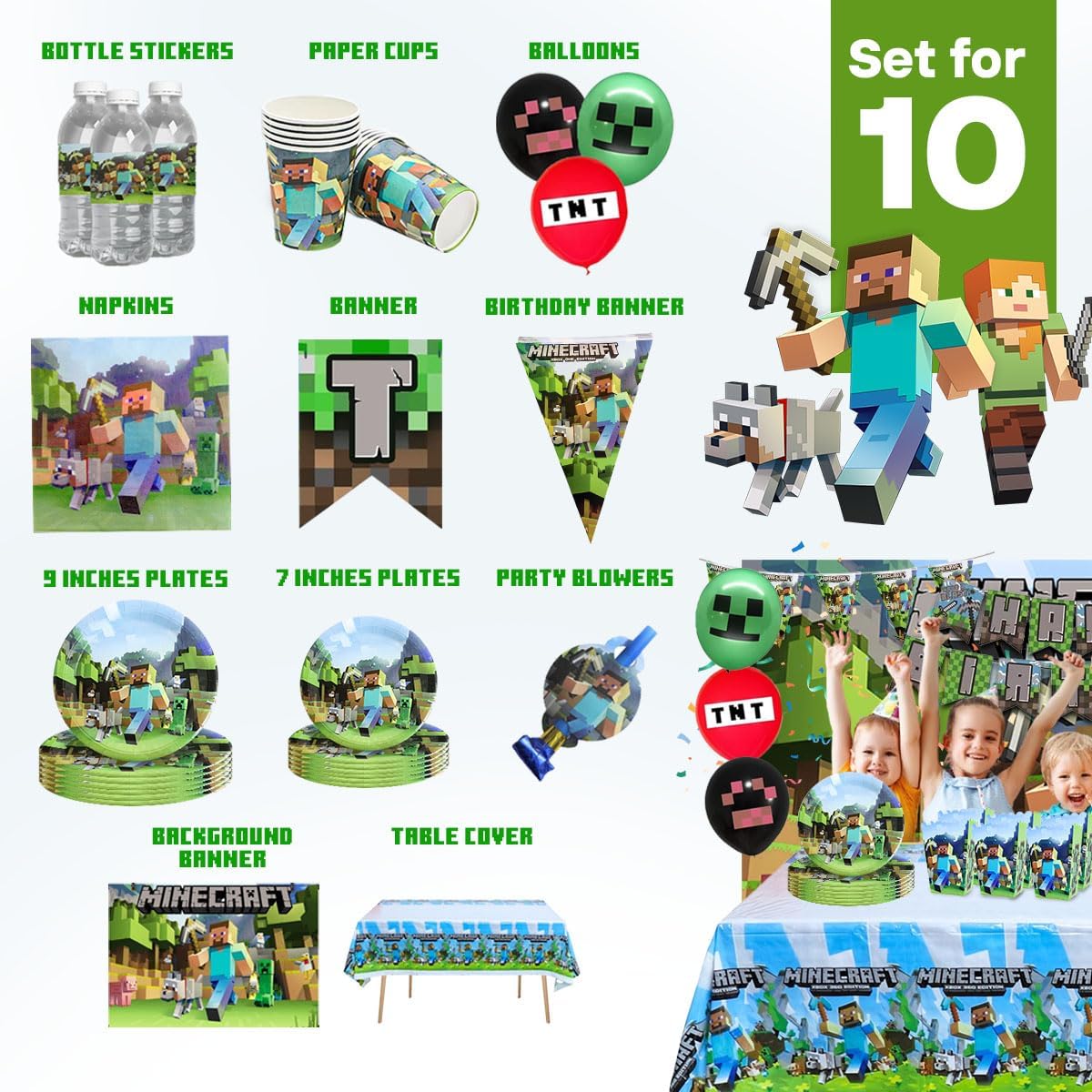 Pixel Miner Craft Birthday Party Decor Kit for 10