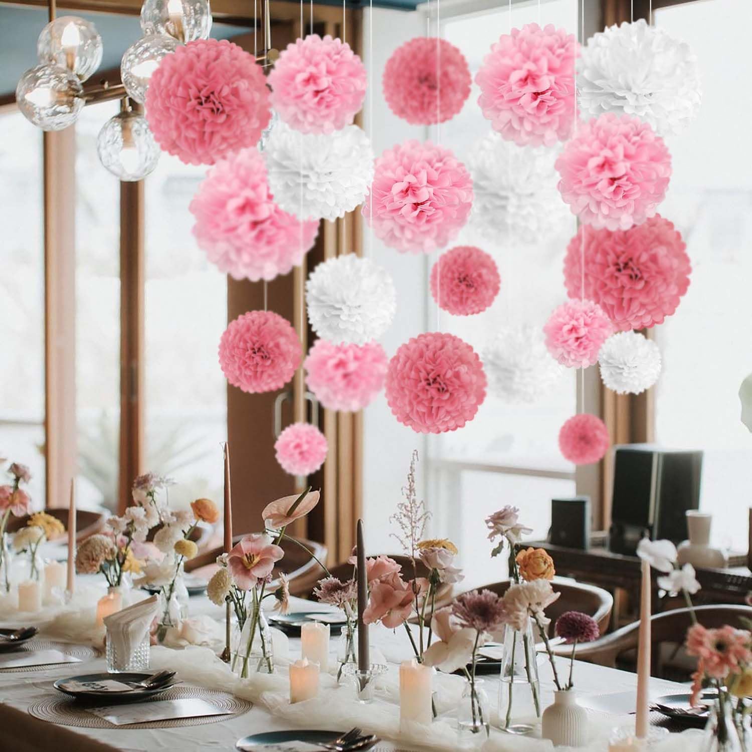 Pink White Tissue Paper Pom Poms Flower Set 27PCS