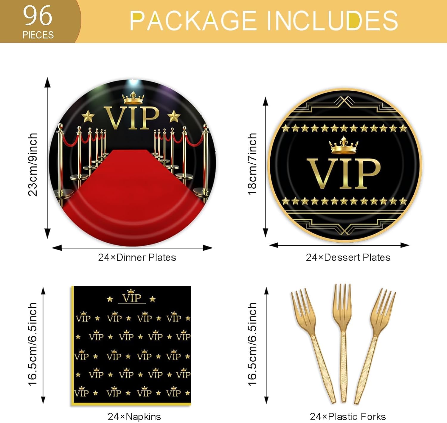 96Pcs VIP Party Supplies Red Carpet Plates Napkins and Forks Set