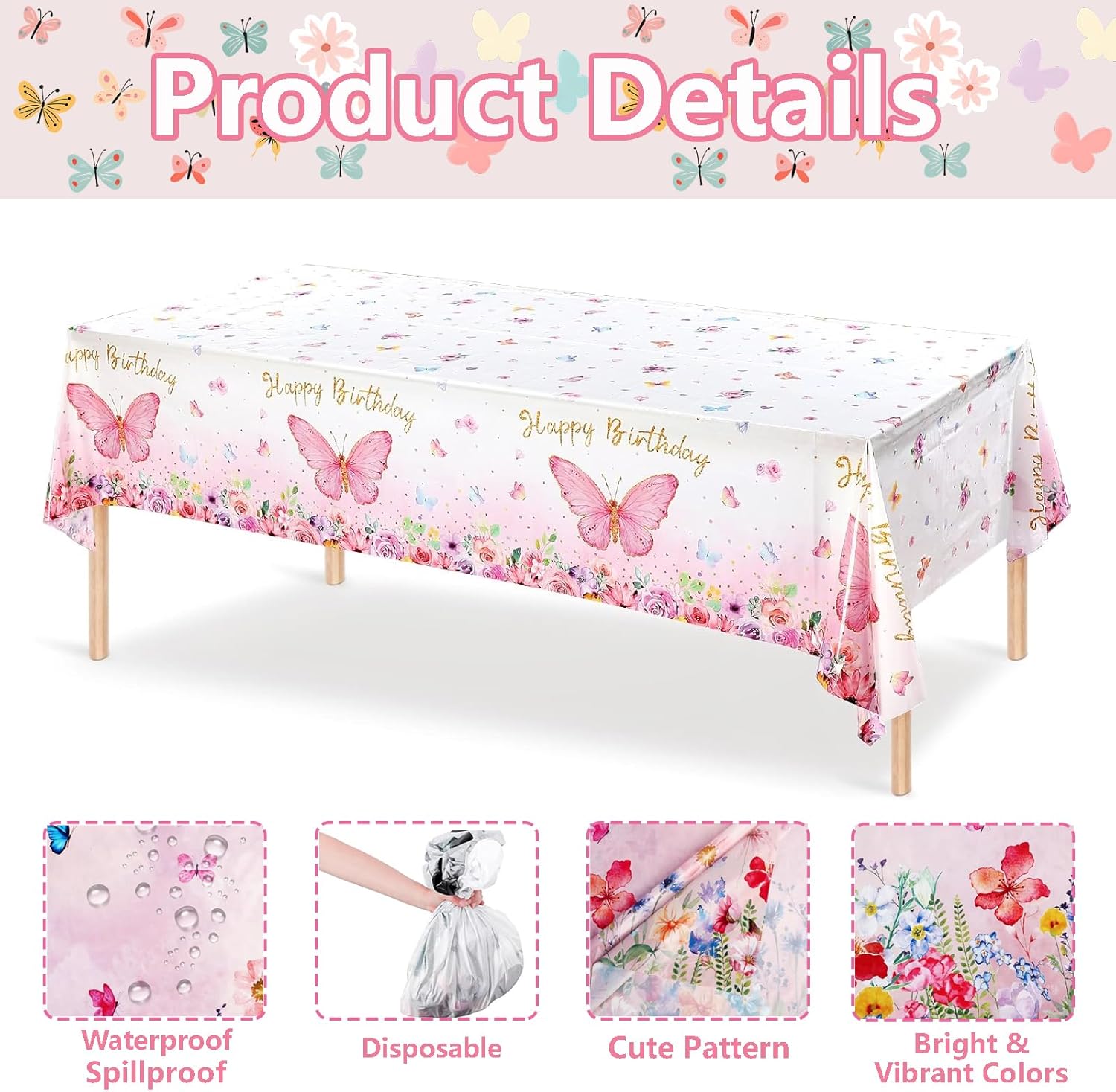 3PCS Pink Butterfly Party Tablecloth Table Cover 54x108 Inch