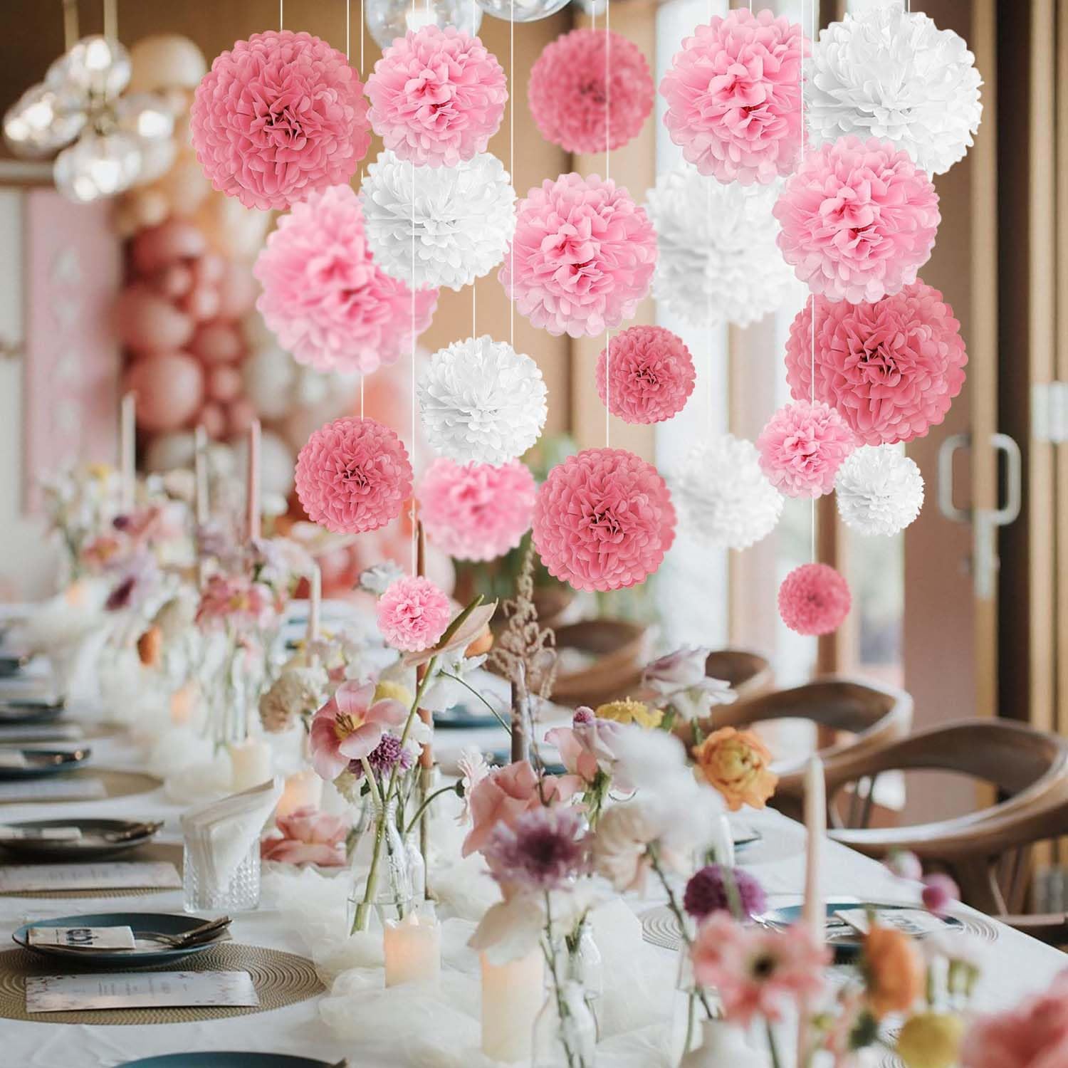 Pink White Tissue Paper Pom Poms Flower Set 27PCS