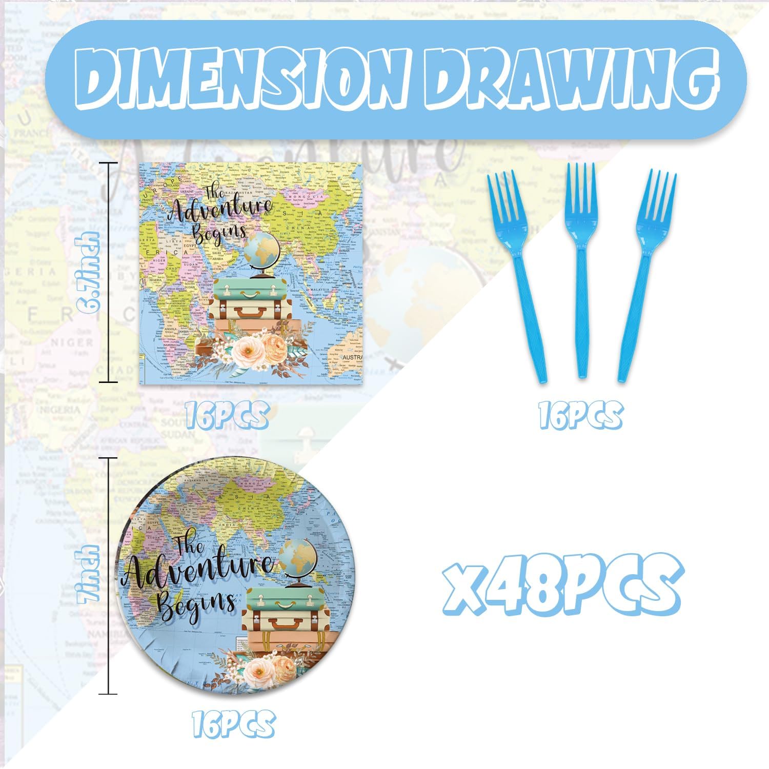 48Pcs Travel Themed Adventure Party Decorations Plates Napkins Forks