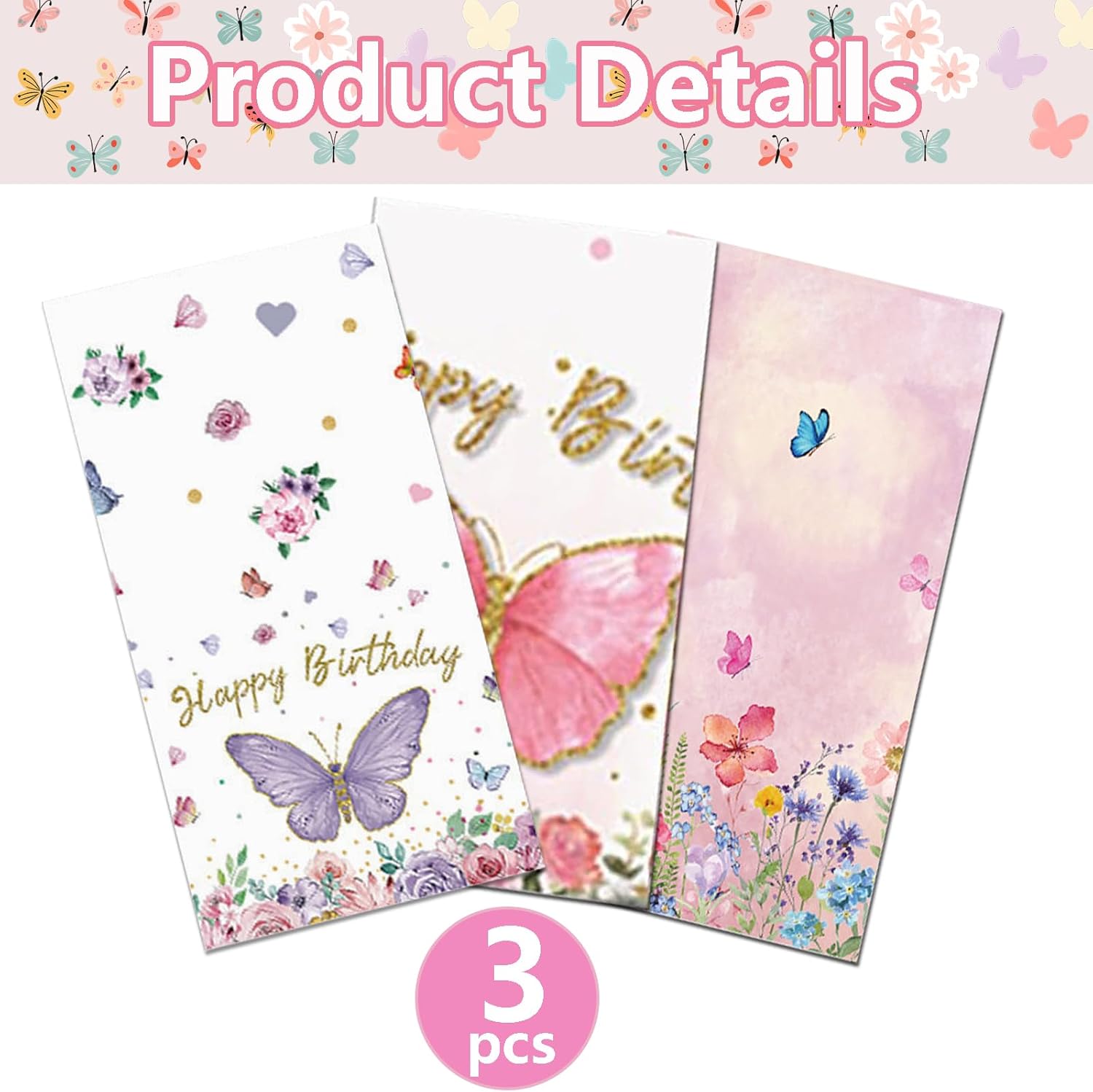 3PCS Pink Butterfly Party Tablecloth Table Cover 54x108 Inch