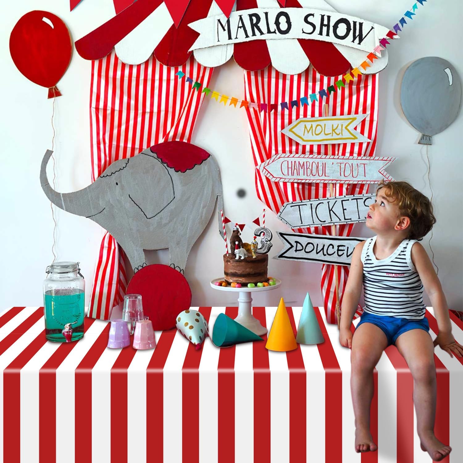 2 Pcs Red and White Striped Tablecloths for Carnival Parties