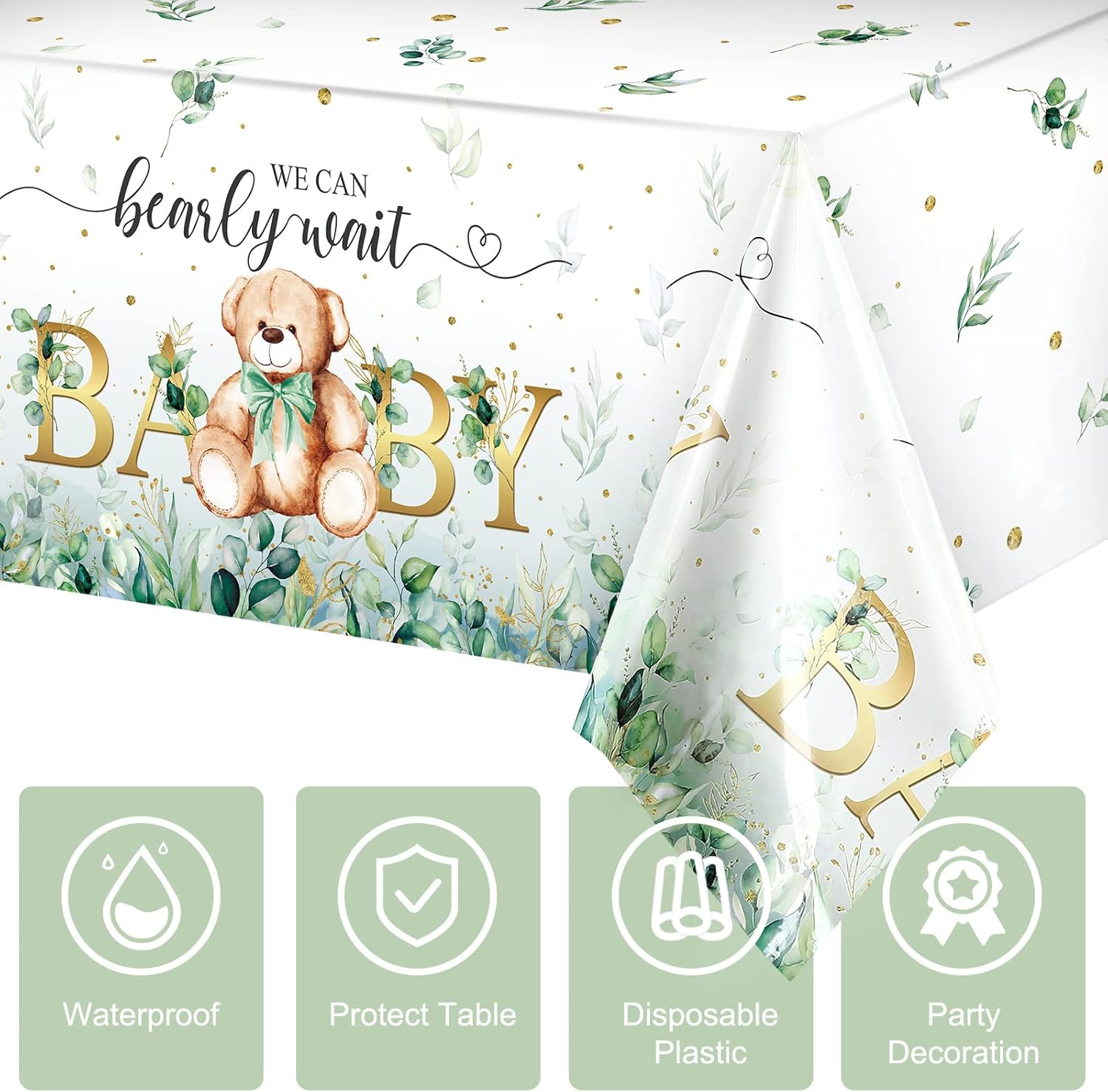 Tegeme Bear Baby Shower Tablecloth 54x108 Inch 3 Pack Green