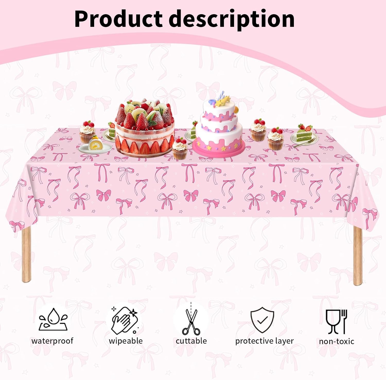 4Pcs Pink Bow Birthday Tablecloths 108x54 Inches