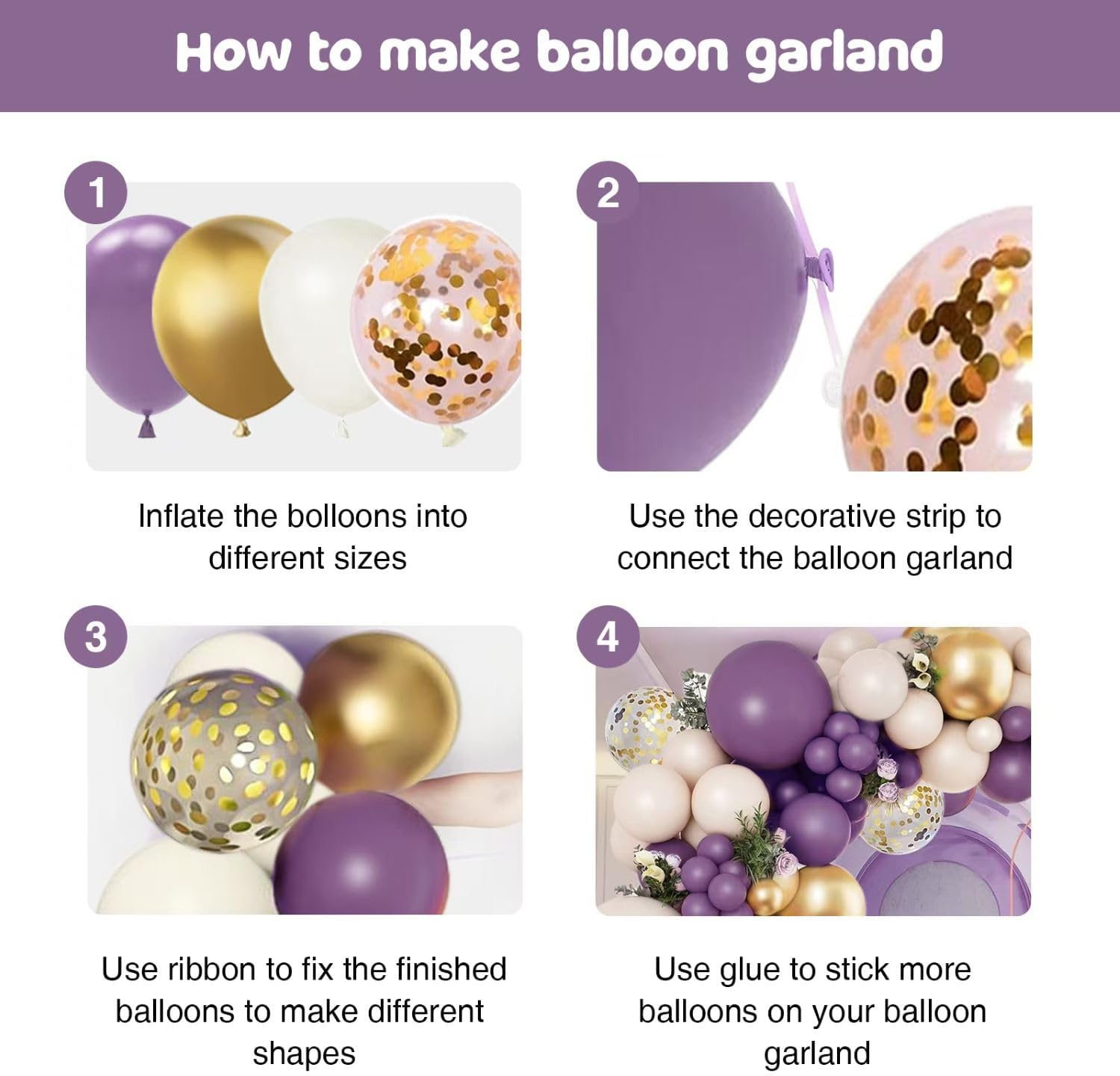 127pcs Purple Gold White Balloon Arch Kit for Decorations