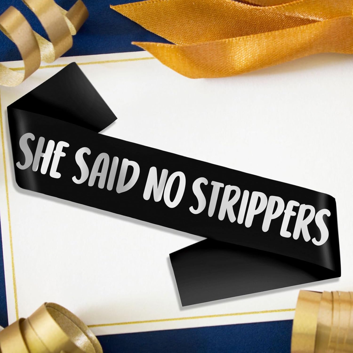 Groom Sash with She Said No Strippers - Black Silver