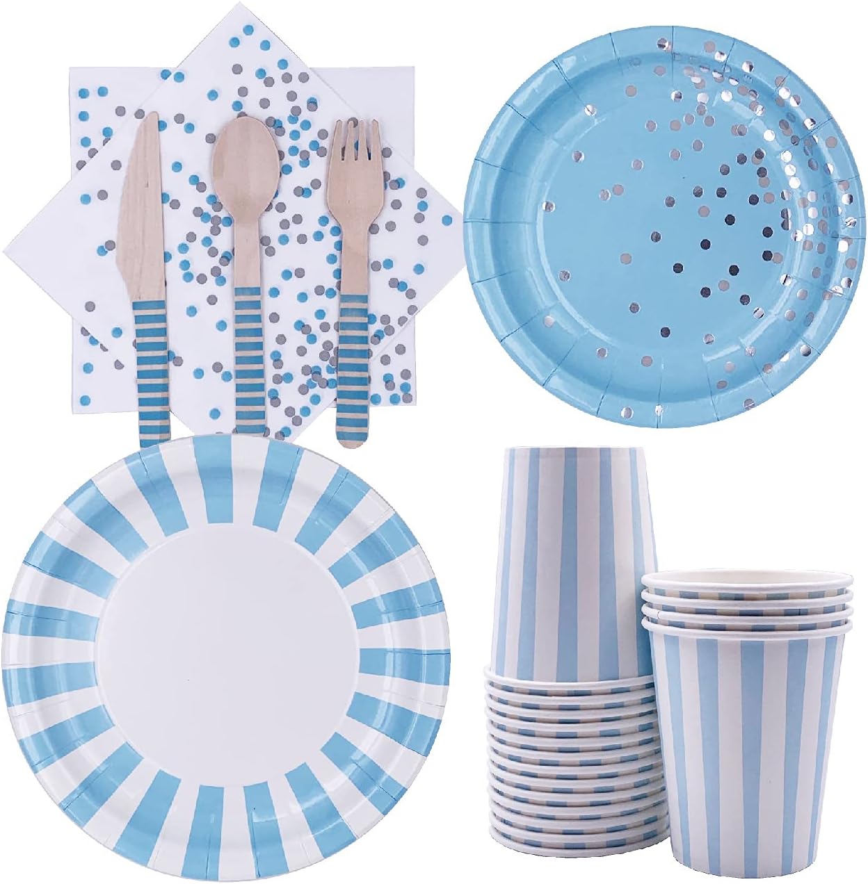 Blue Striped Party Tableware Set for 24 Guests