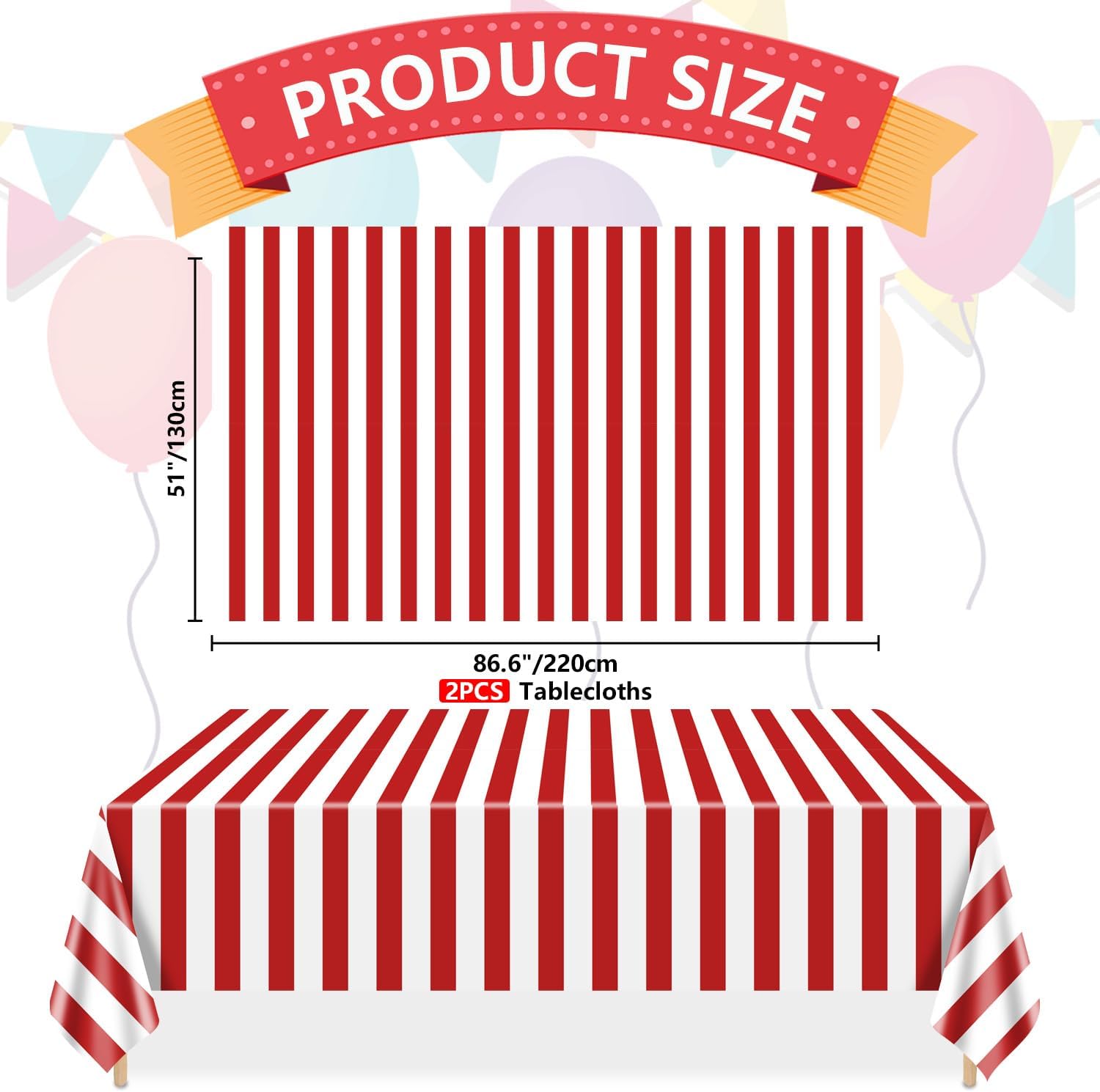 2 Pcs Red and White Striped Tablecloths for Carnival Parties
