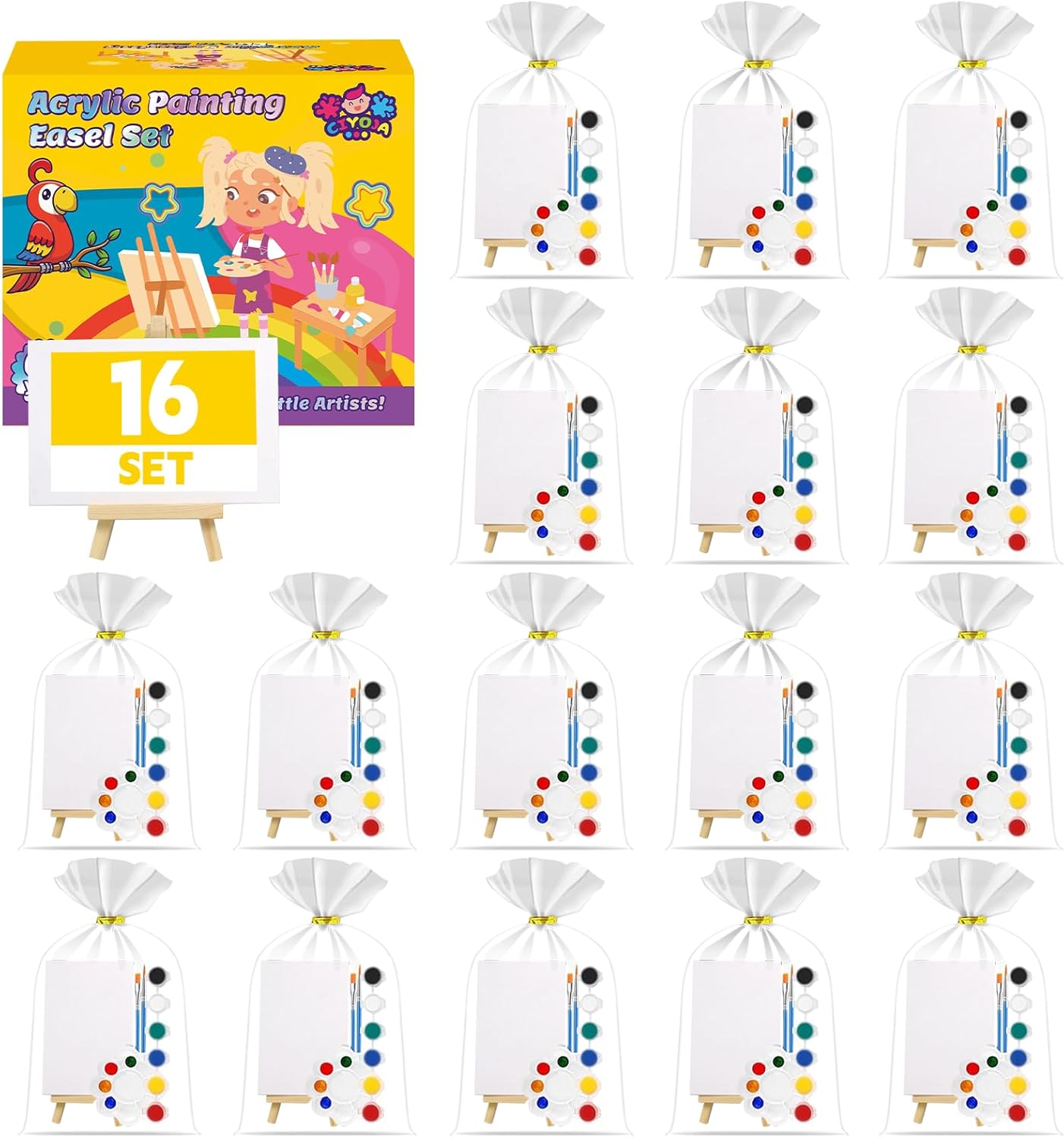 16 Pack 4x6 Inch Acrylic Paint Set with Mini Canvas and Easel