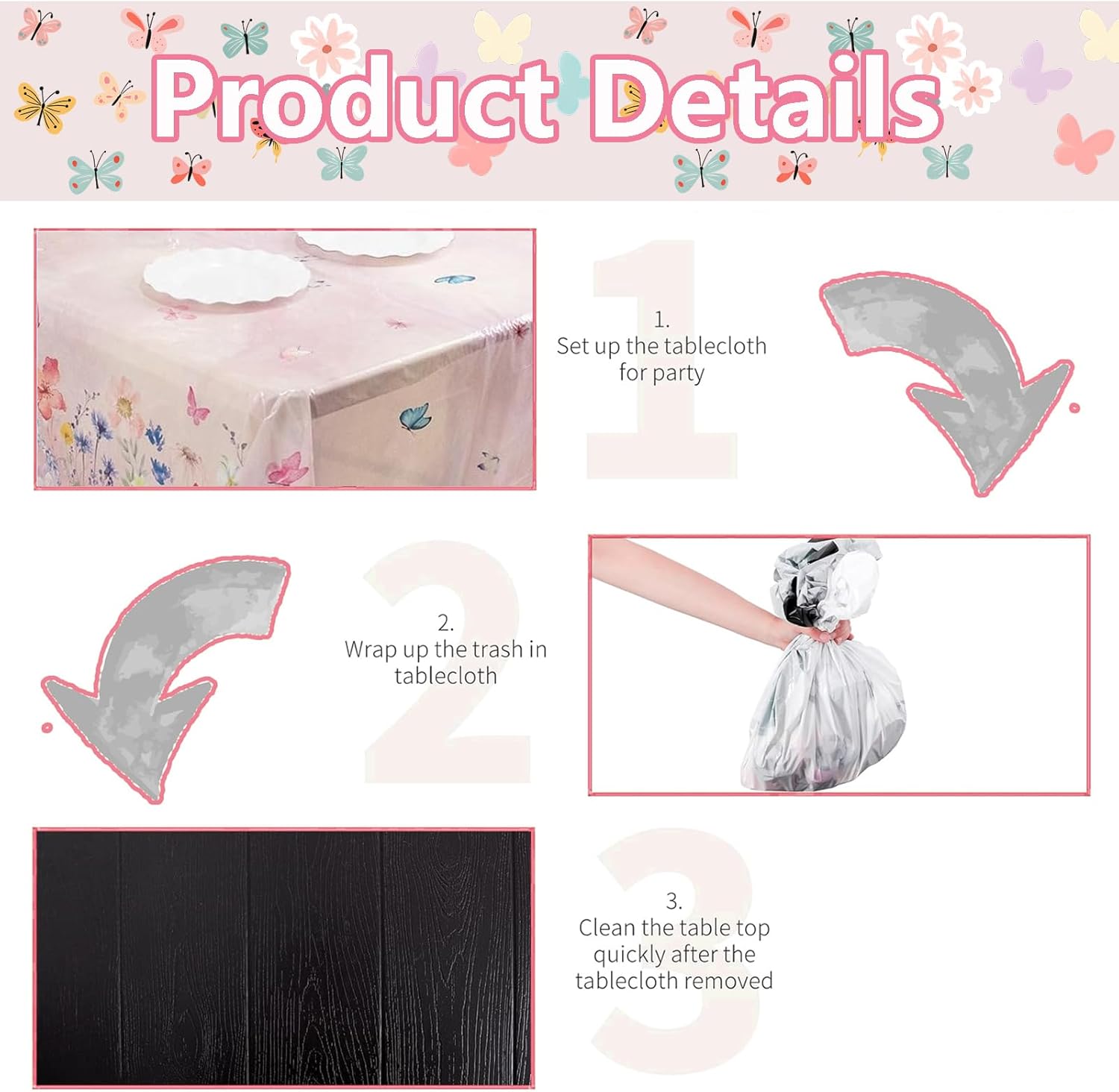 3PCS Pink Butterfly Party Tablecloth Table Cover 54x108 Inch