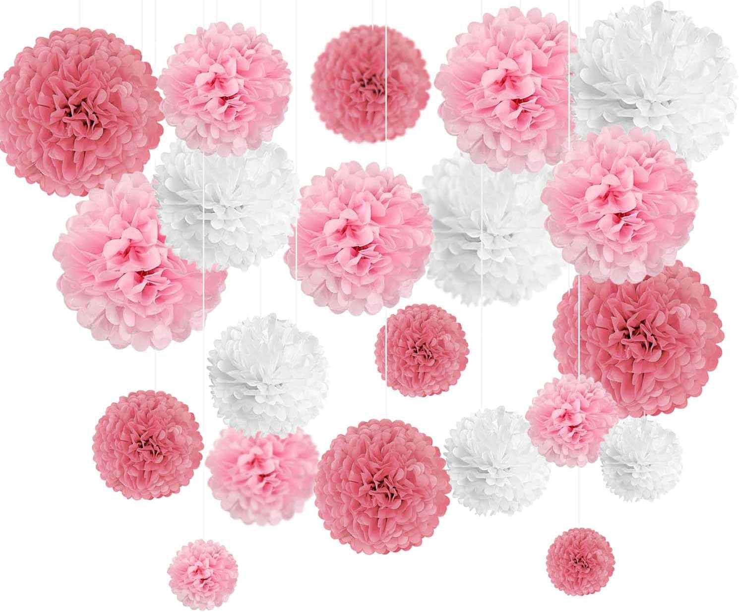 Pink White Tissue Paper Pom Poms Flower Set 27PCS