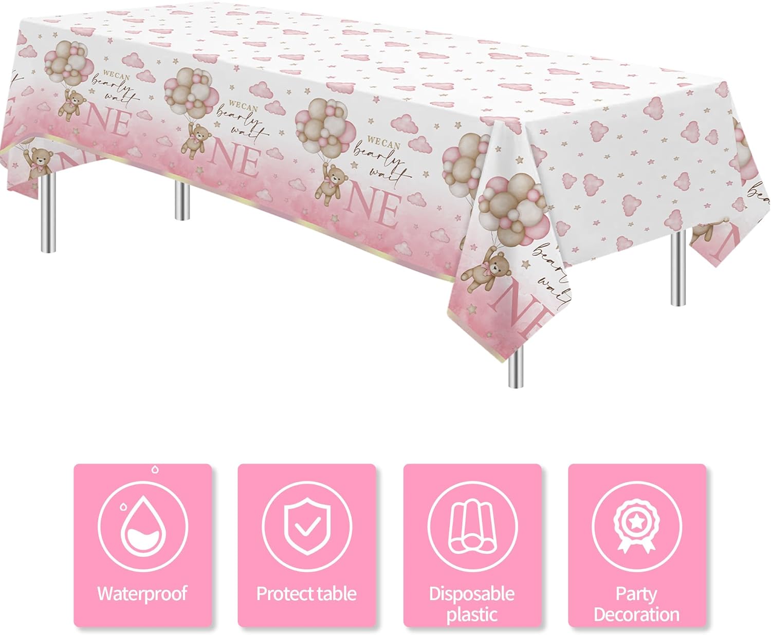 Bear 1st Birthday Tablecloth Set for Girl 3 Pack