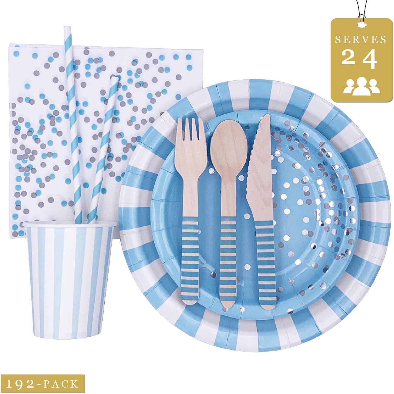 Blue Striped Party Tableware Set for 24 Guests