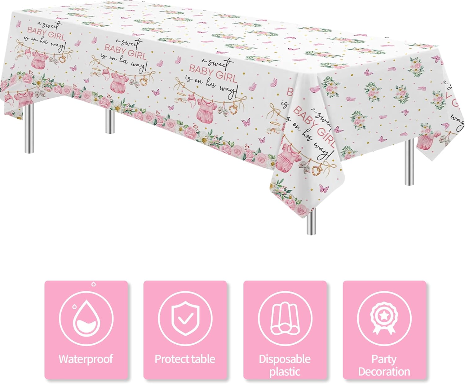 Pink Baby Girl Shower Tablecloth Set 3 Pack 55x86in