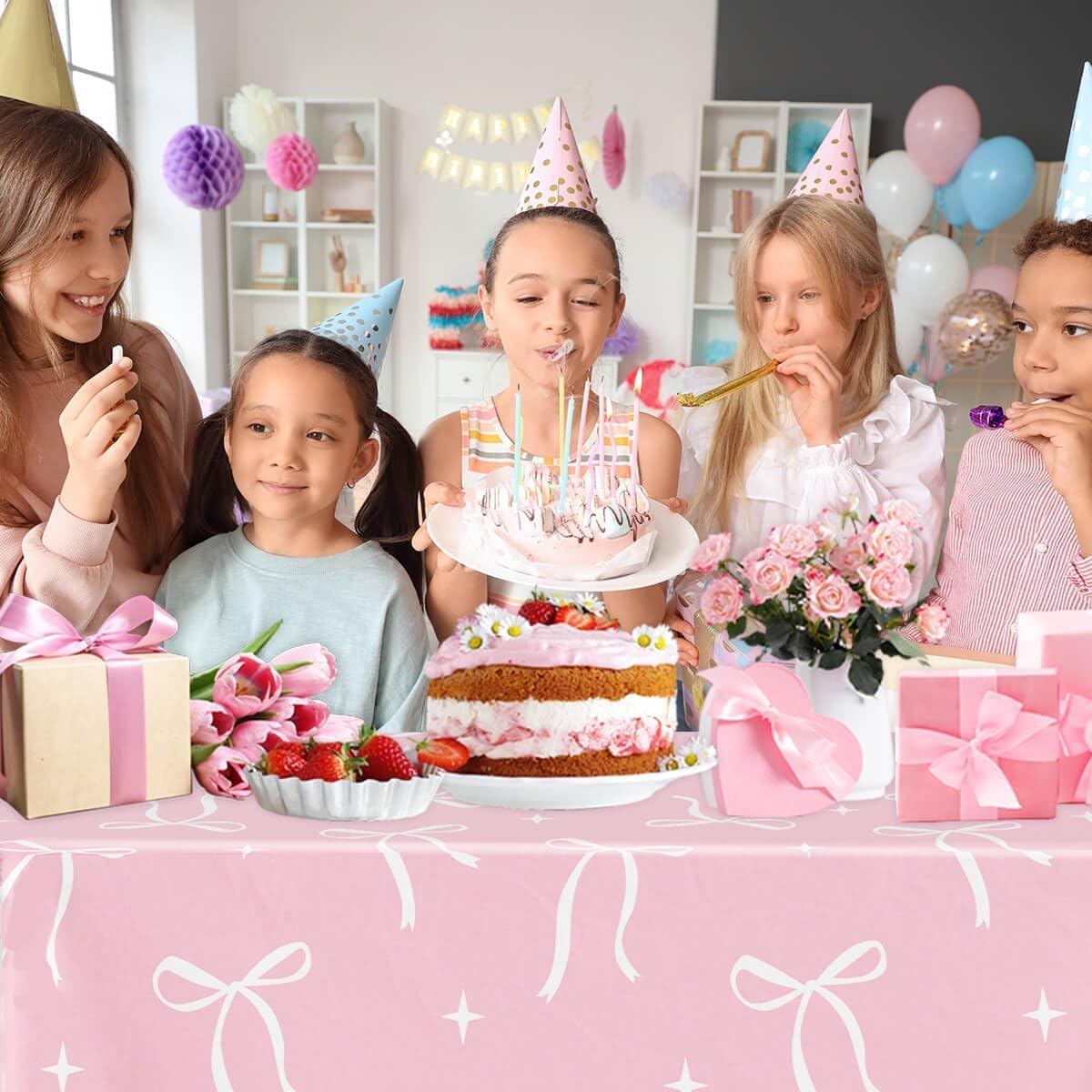 3Pcs Pink Bow Tablecloth for Birthday Party Supplies 108x54in