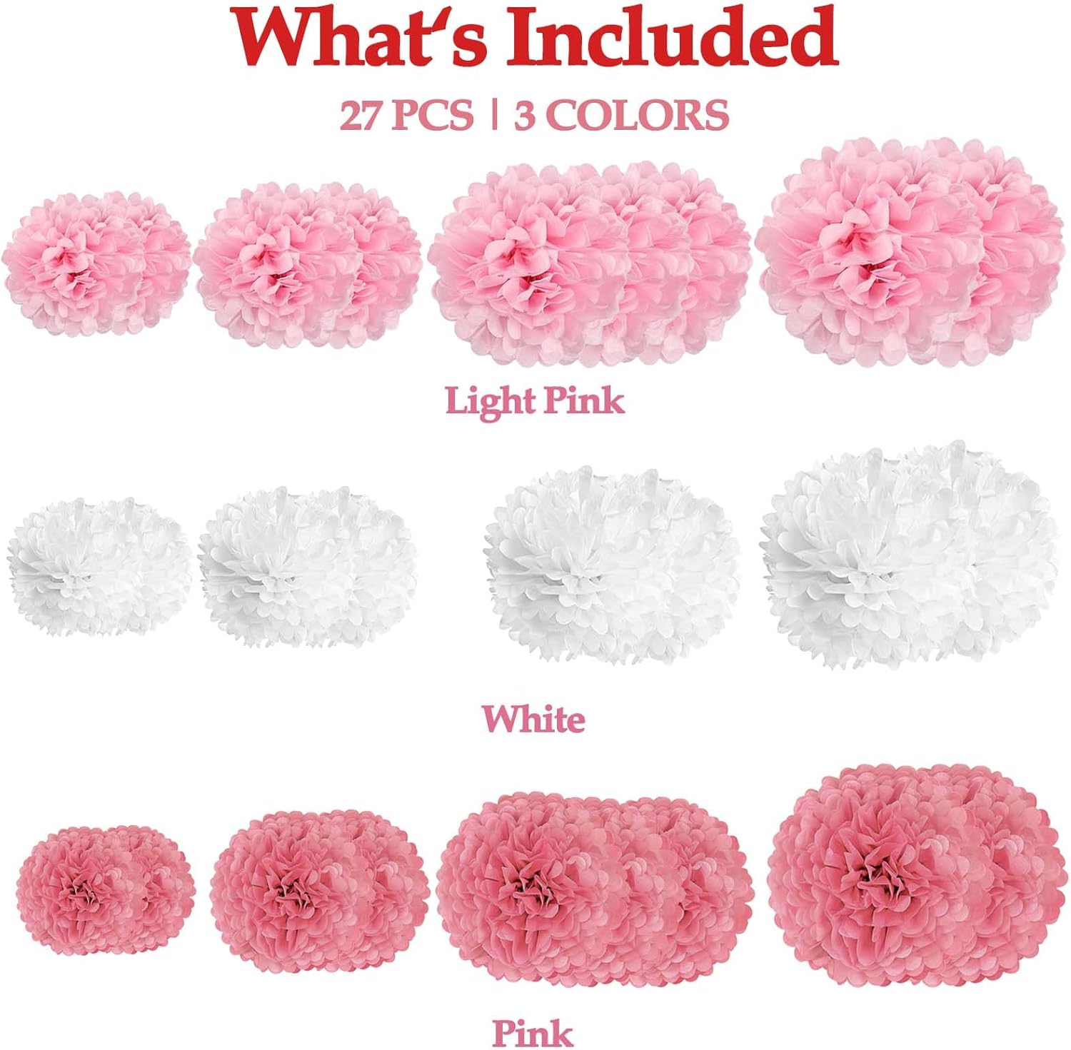 Pink White Tissue Paper Pom Poms Flower Set 27PCS
