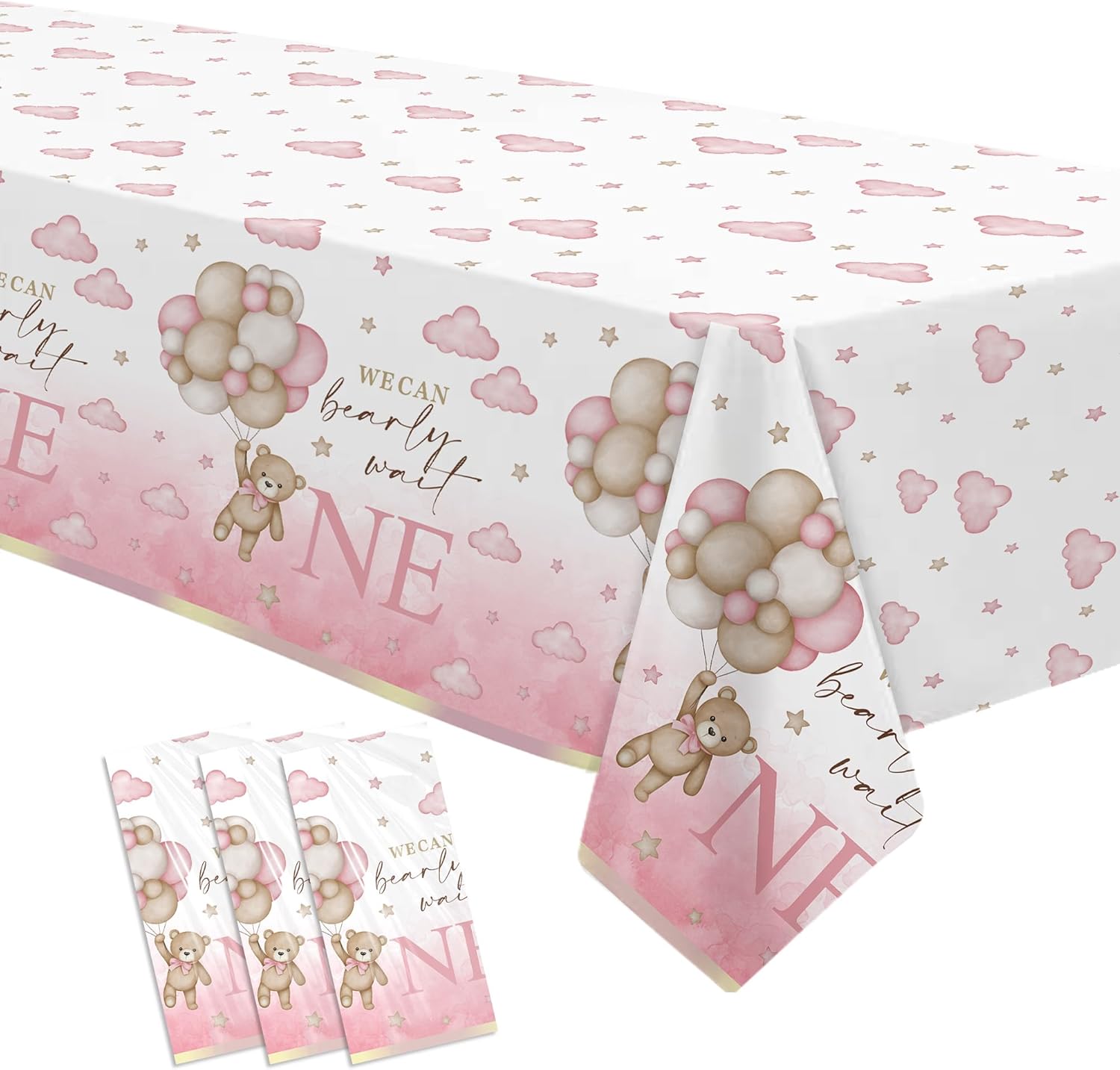 Bear 1st Birthday Tablecloth Set for Girl 3 Pack