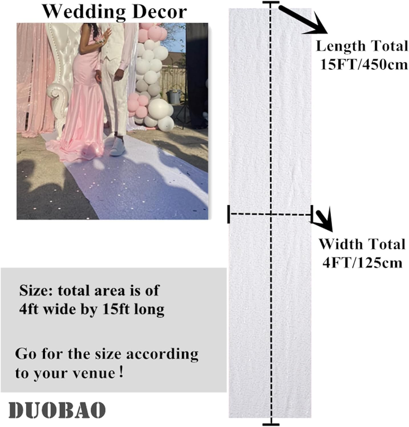 DUOBAO White Aisle Runner Wedding 4ftx15ft Carpet Sparkling Decor