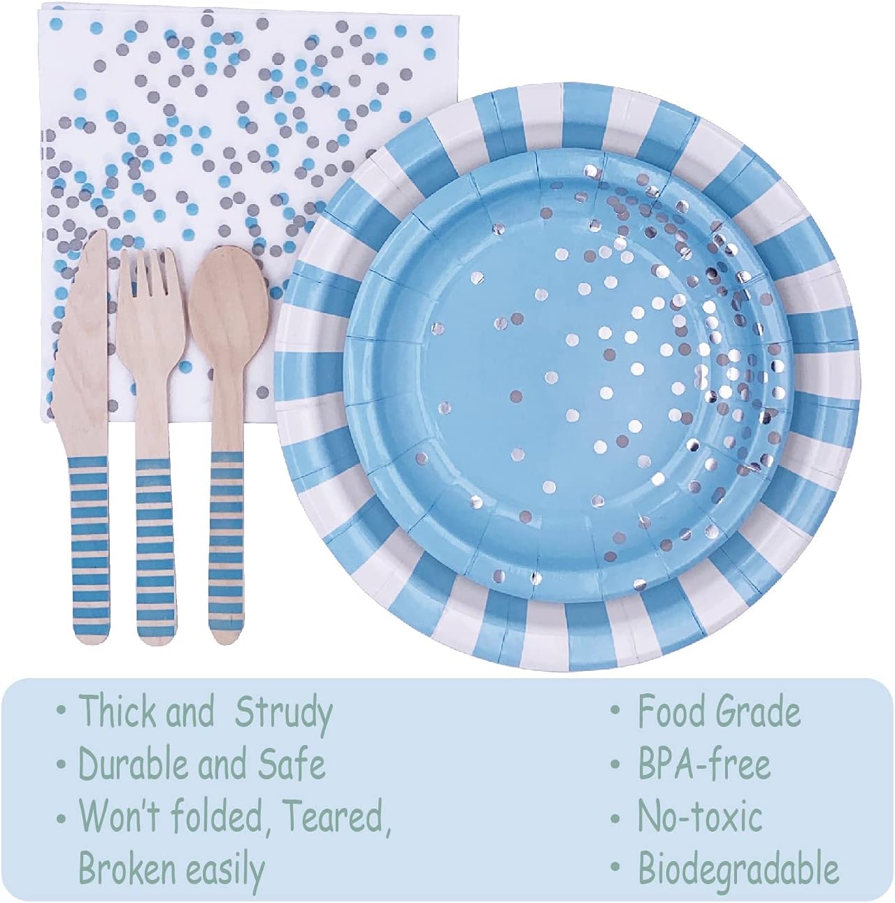 Blue Striped Party Tableware Set for 24 Guests