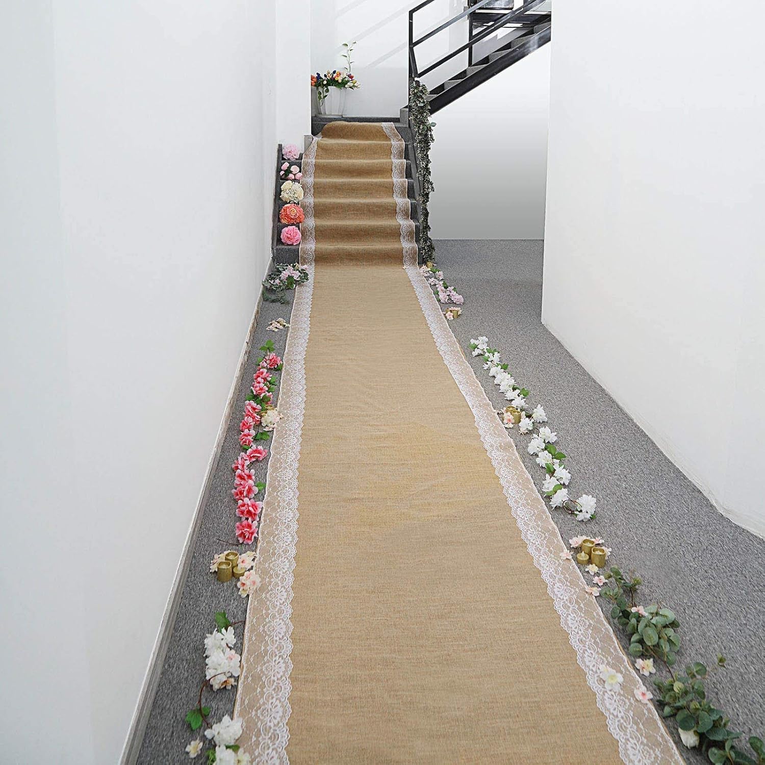 BalsaCircle 30 Feet Natural Brown Burlap Aisle Runner with White Lace