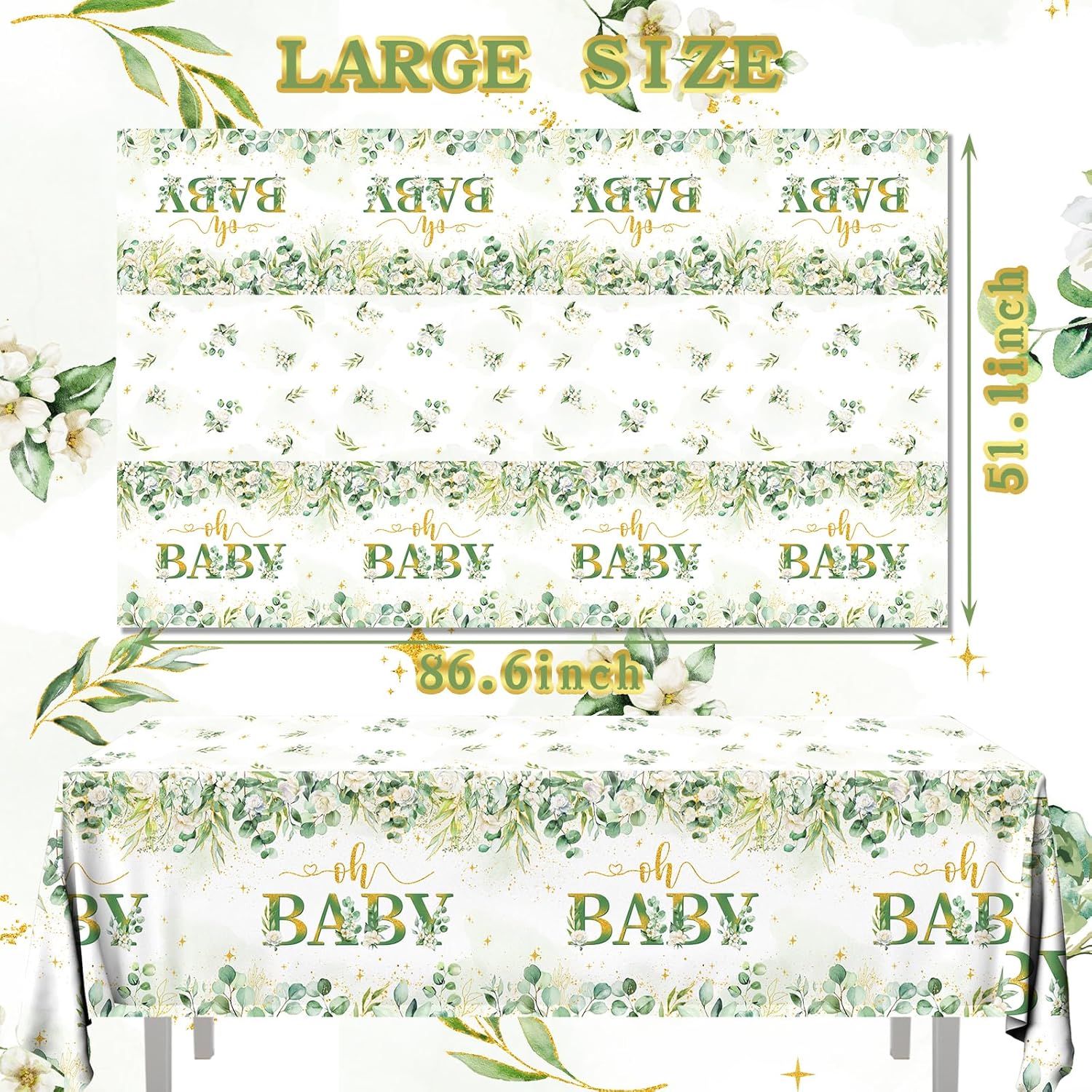 3Pack Sage Green Eucalyptus Tablecloths for Baby Shower and Birthday Parties