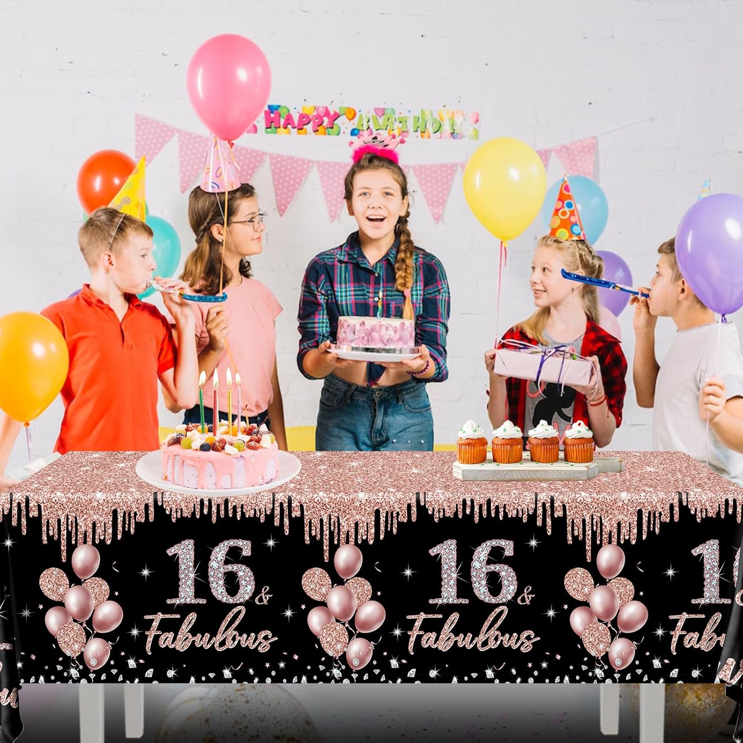 16th Birthday Decorations Rose Gold Black Glitter Tablecloths Set 3Pcs